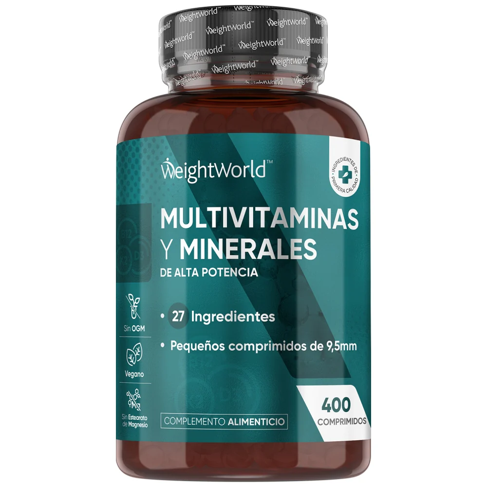 Multivitaminas y Minerales, 400 Comprimidos Veganos, 27 Vitaminas y Minerales - Vitamina C, Vitamina B, D, E, Magnesio, Zinc, Calcio, Hierro y Más, Para +1 de Año, Sabor Menta WeightWorld