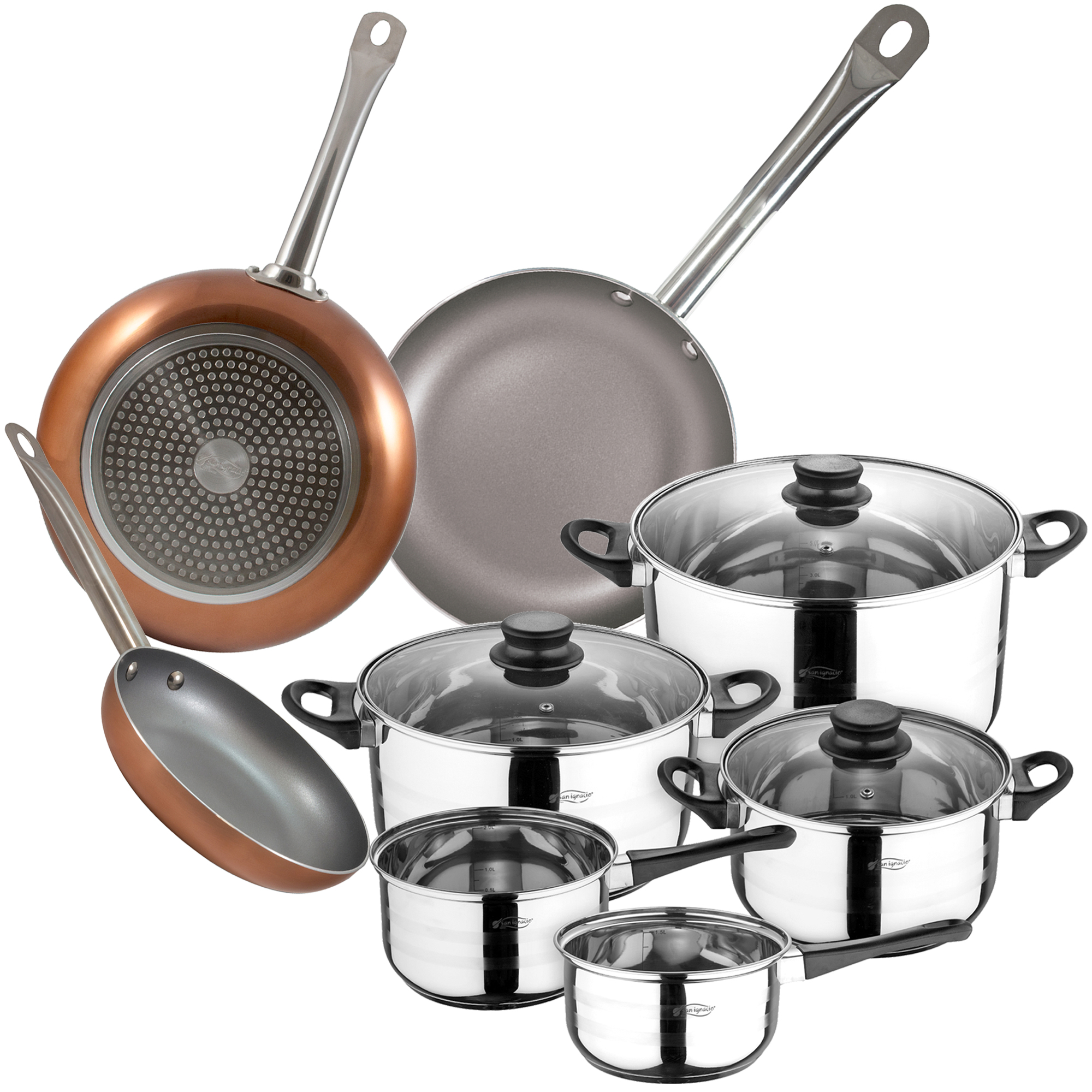 San Ignacio Batería de Cocina 8 Piezas en Acero Inoxidable con Juego de Sartenes Optimum Plus