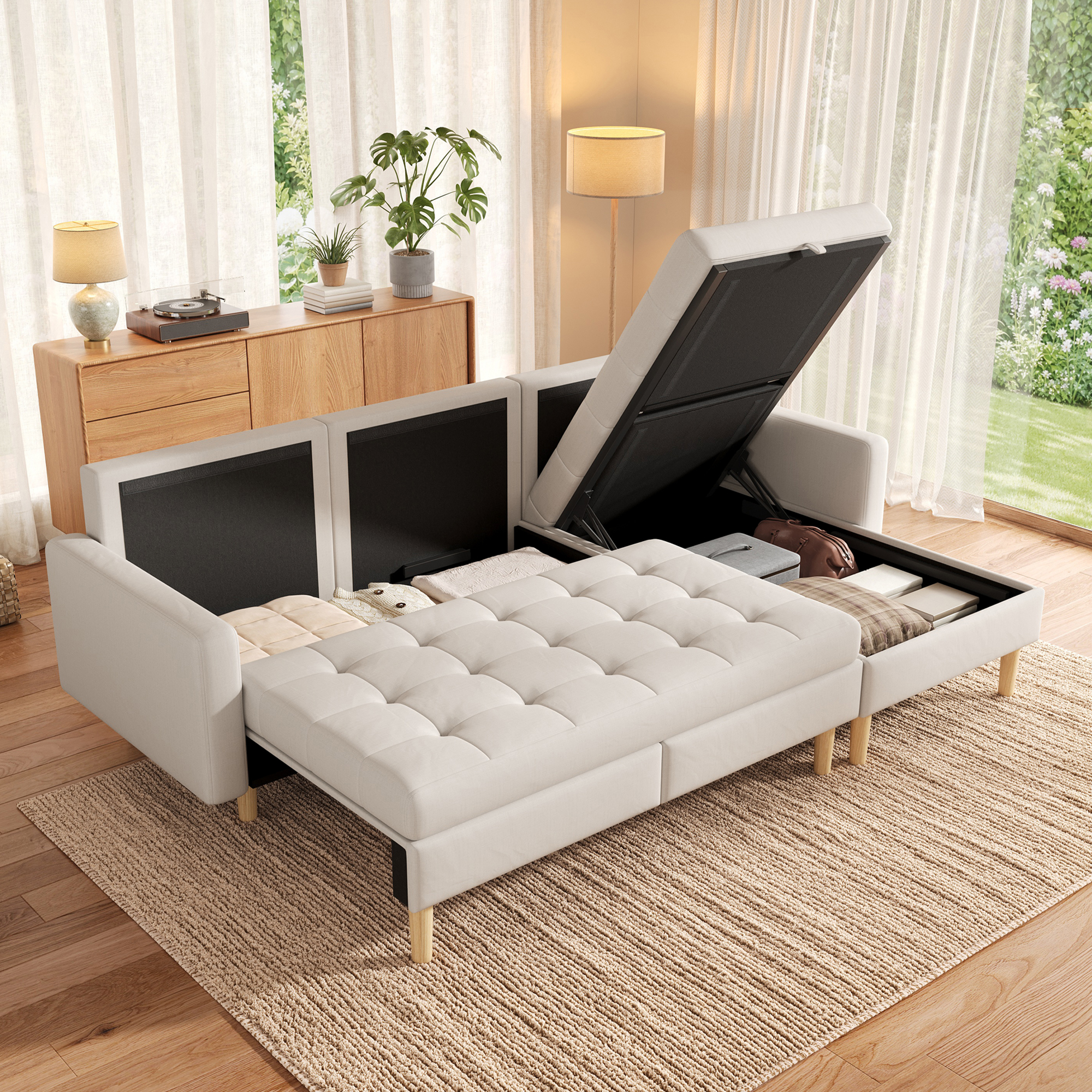 Canapé d’angle 3 places beige en tissu avec méridienne réversible et rangement intégré