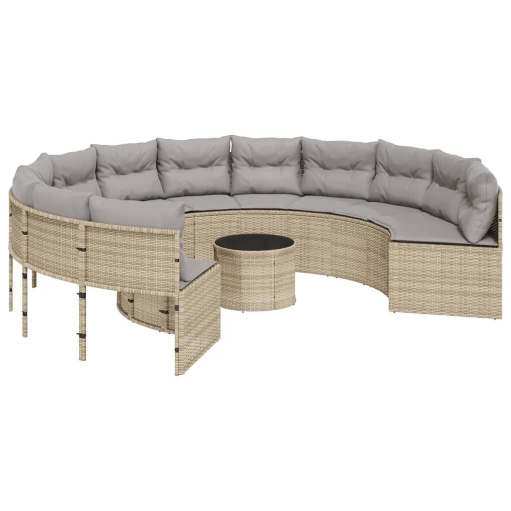 vidaXL Sofá de jardín redondo con mesa y cojines ratán PE beige