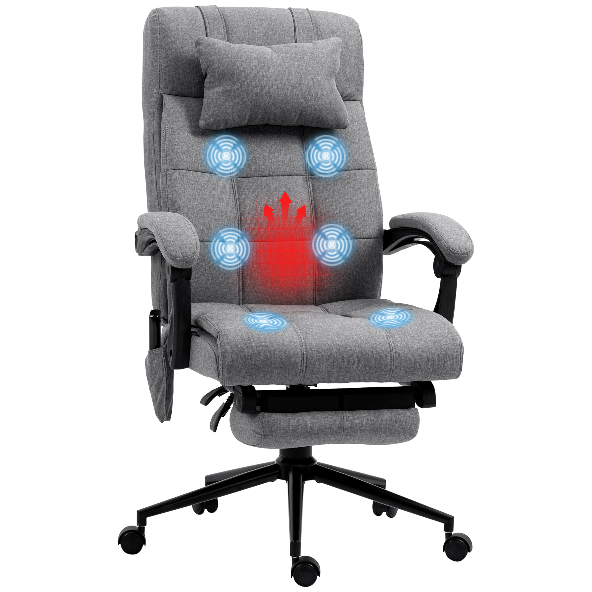 Vinsetto Silla de Masaje con 6 Puntos de Masaje y 5 Modos Silla de Escritorio Reclinable hasta 155° con Función de Calefacción Altura Ajustable Reposapiés y Ruedas para Estudio 66x76x116-124 cm Gris
