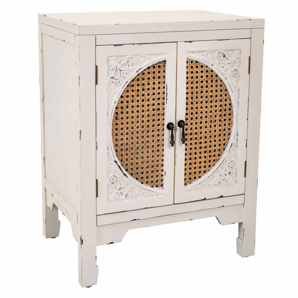 WANDERLUST DECO Mesita de Noche Blanca Envejecida de Madera de Abeto con Rattan Natural y Mdf de 50x36x65h Cm