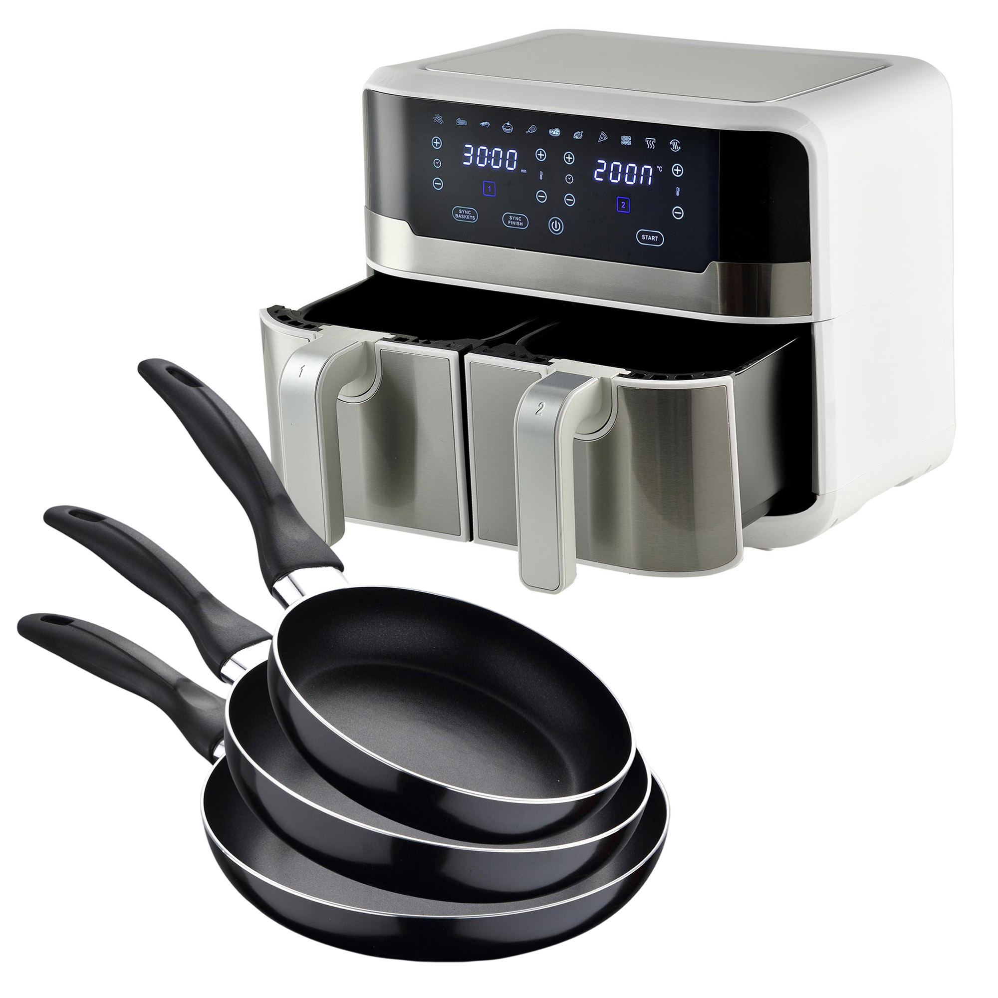 Pack de Freidora de aire Rocket Duo 900 Blanca de 9L y 2400W + 3 Sartenes Ø16Ø20Ø24cm Aluminio prensado Negro San Ignacio