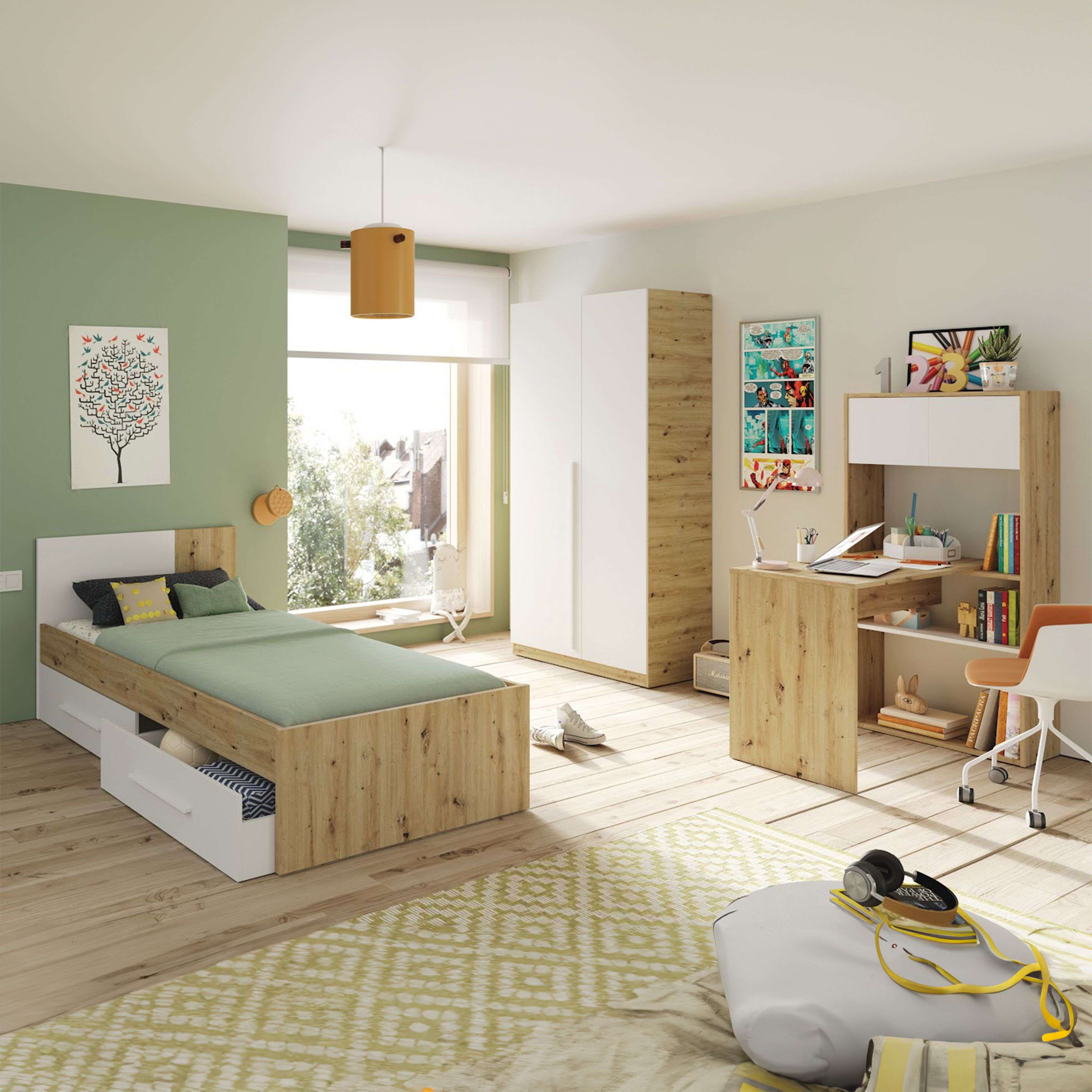 Miroytengo Conjunto de Muebles Dormitorio Juvenil Moderno Melamina Color Roble Nodi y Blanco Artik