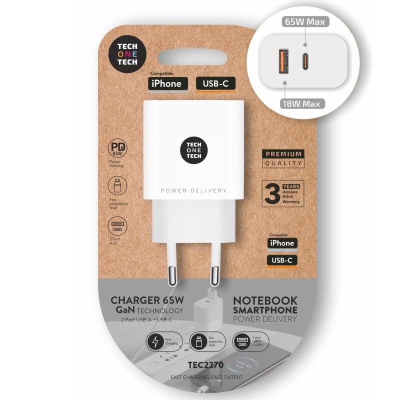 Cargador gan de pared tech one tech gan tec2270/ 1xusb tipo-c/ 1x usb/ 65w