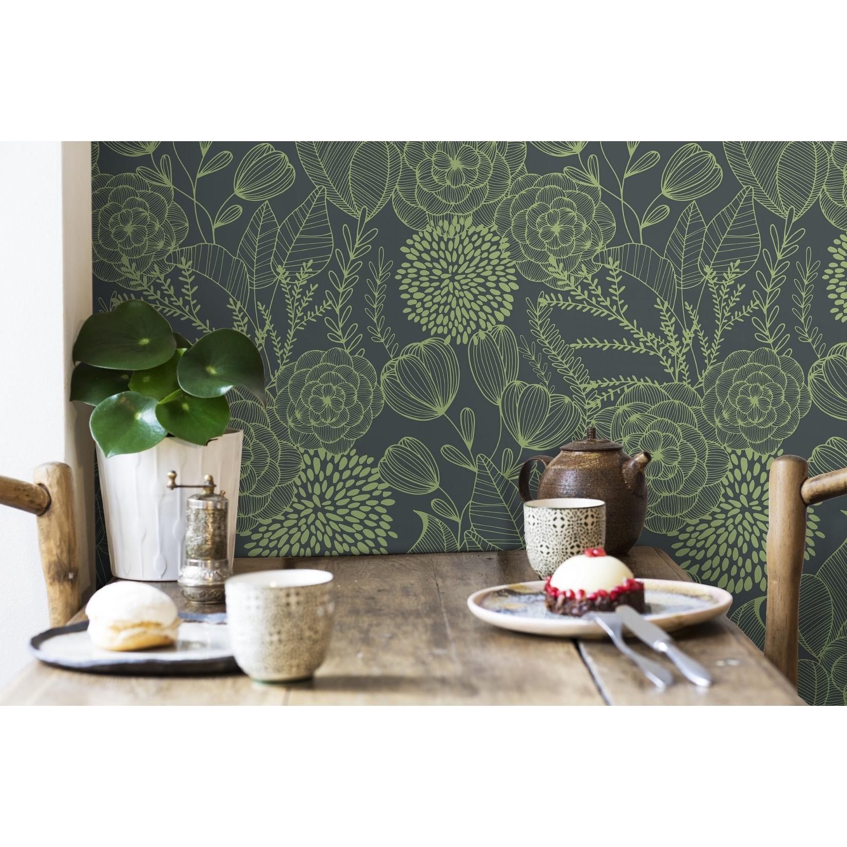 Papel pintado vinílico ecológico de flores dibujadas con trazos verdes - Morgan Flowers 680642 de GAULAN - Rollo de 10 m x 0,53 m