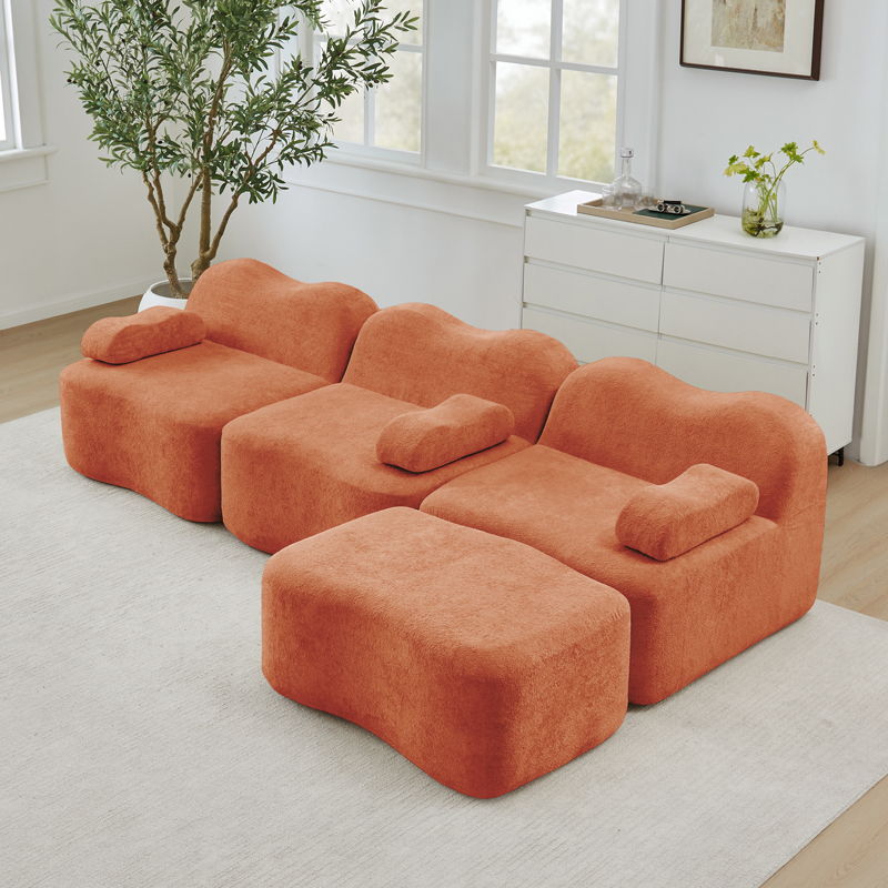 Canapé modulaire orange 3 places en L avec un repose-pieds et coussin d’accoudoir mobile