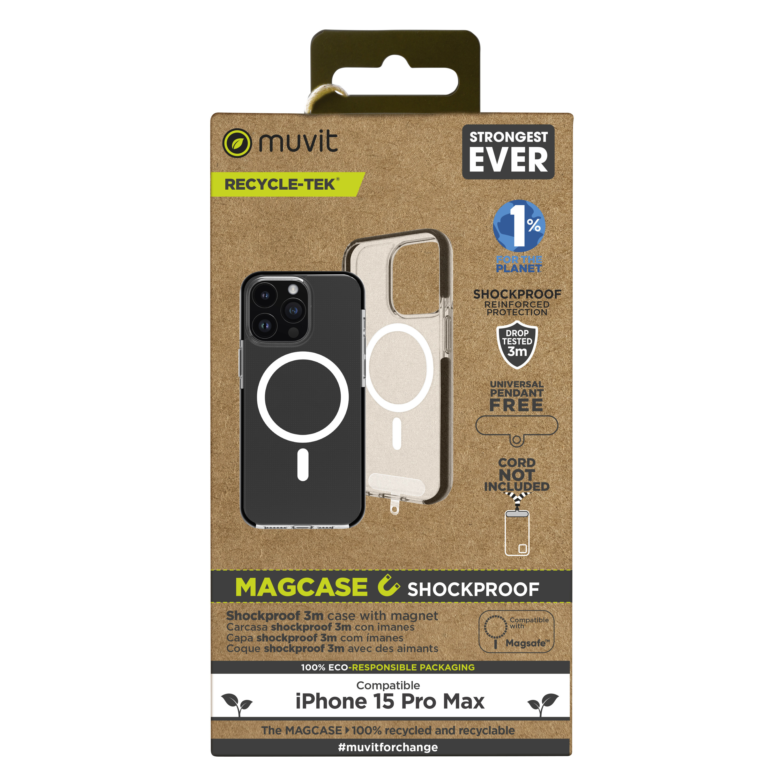 muvit for change funda recycletek Magsafe shockproof 3m compatible con Apple iPhone 15 Pro Max transparente/negra