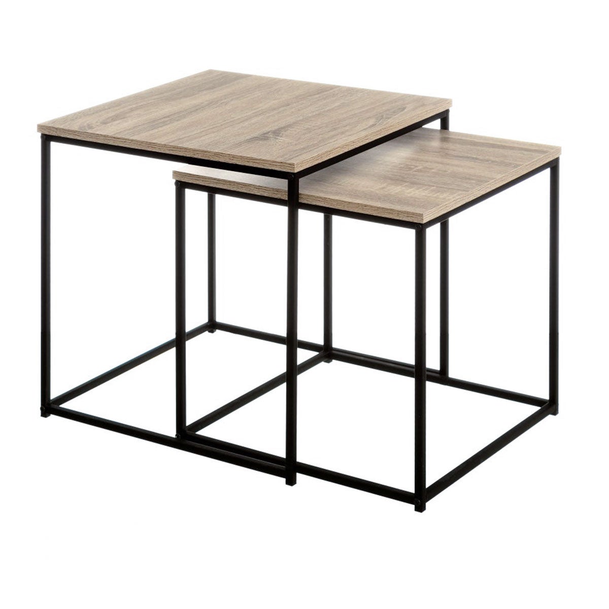 Set de 2 mesas de centro nido de madera natural y metal negro de 50x50cm Estructura apilable de diseño moderno, auxiliar muy versátil para salón u oficina. CasaSelección
