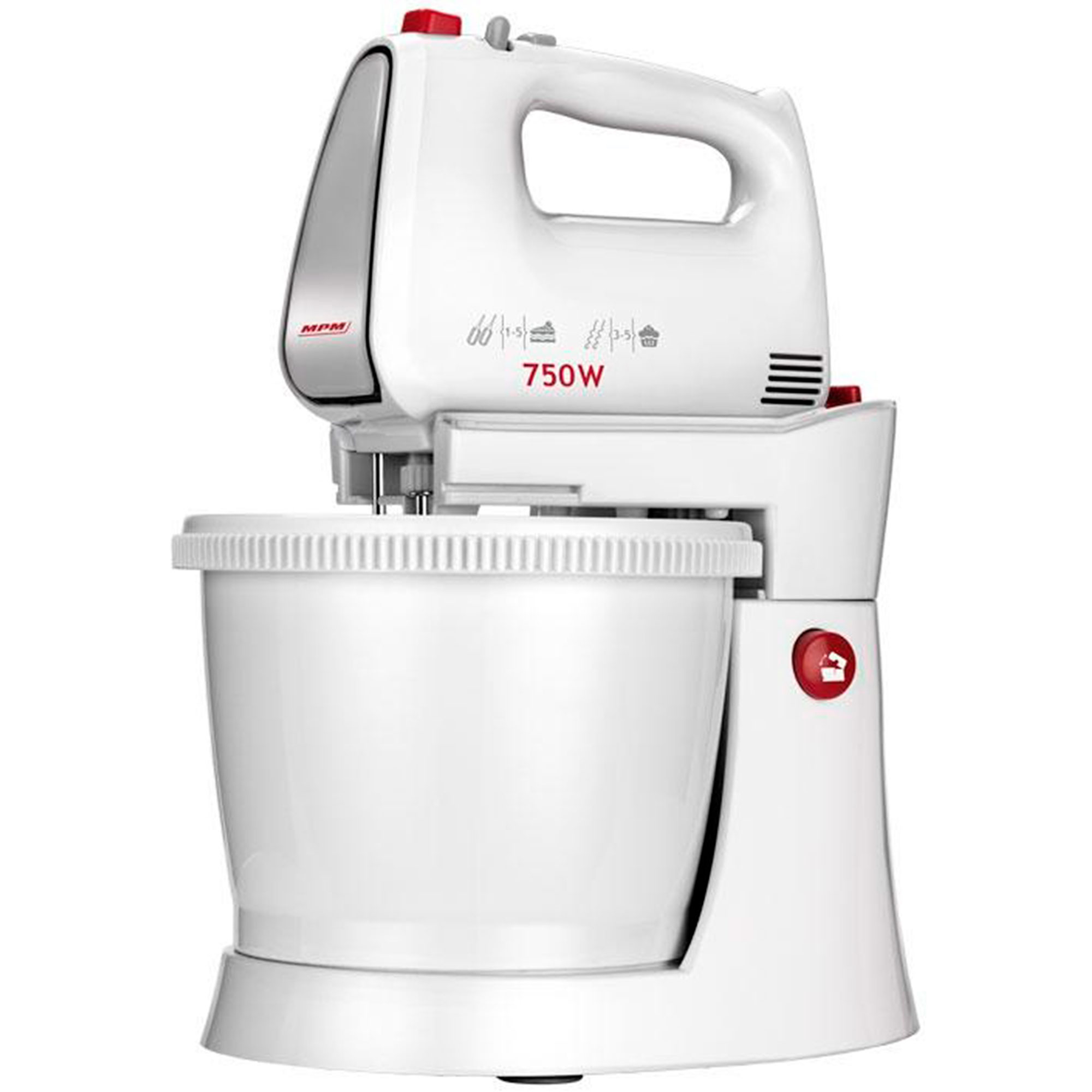 MPM MMR-20Z Batidora Amasadora Repostería Bol 3L, 5 Velocidades+Turbo Bol Giratorio Accesorios Acero Inox., 750W, Blanco