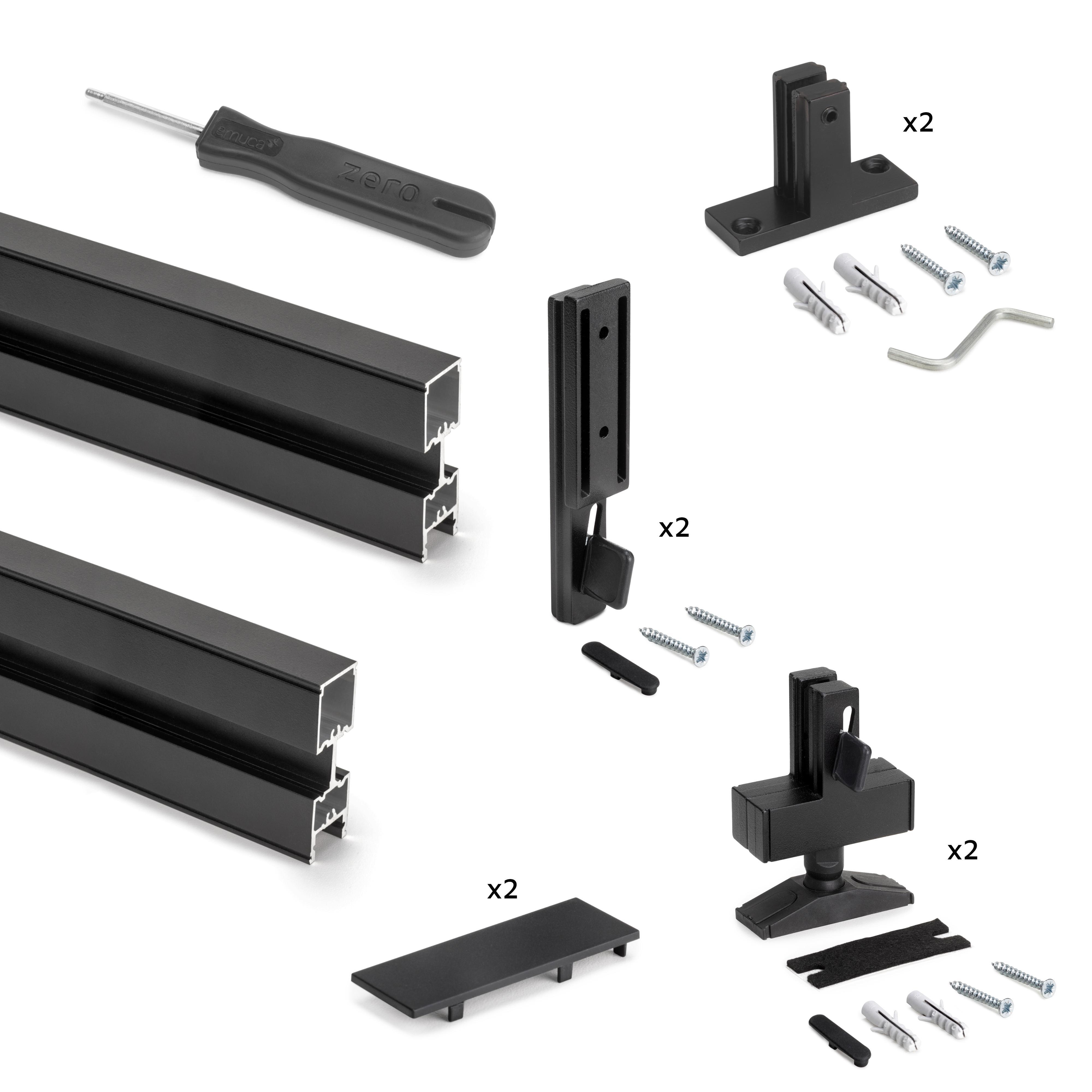 Lote de 2 estructuras zero con herrajes y perfiles para montaje al suelo y a pared con nivelador pectangular, aluminio y zamak, negro texturizado