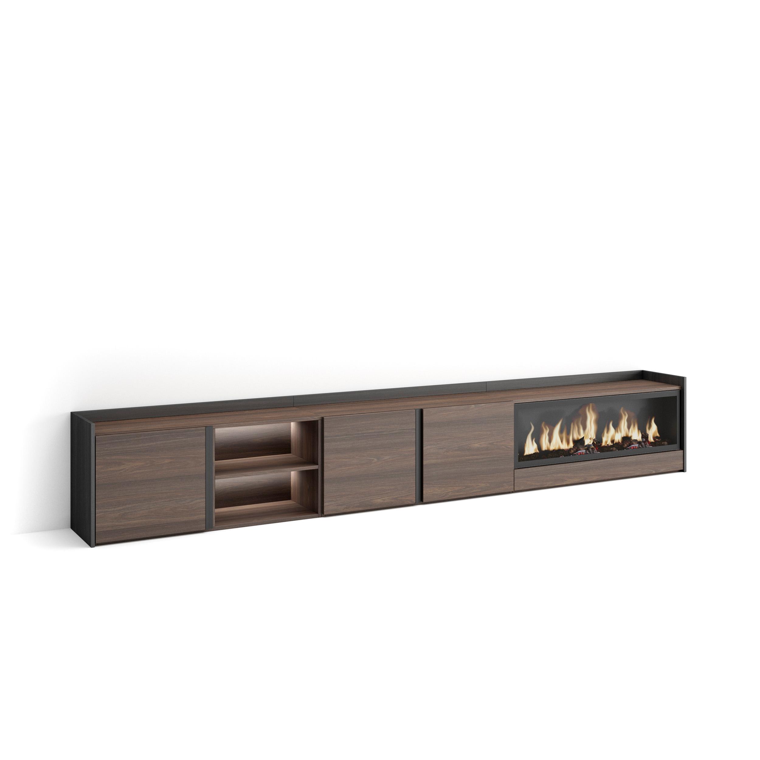 Mueble TV, Televisión, 315x35x50cm, Para TV hasta 80", Chimenea eléctrica XXL, LED