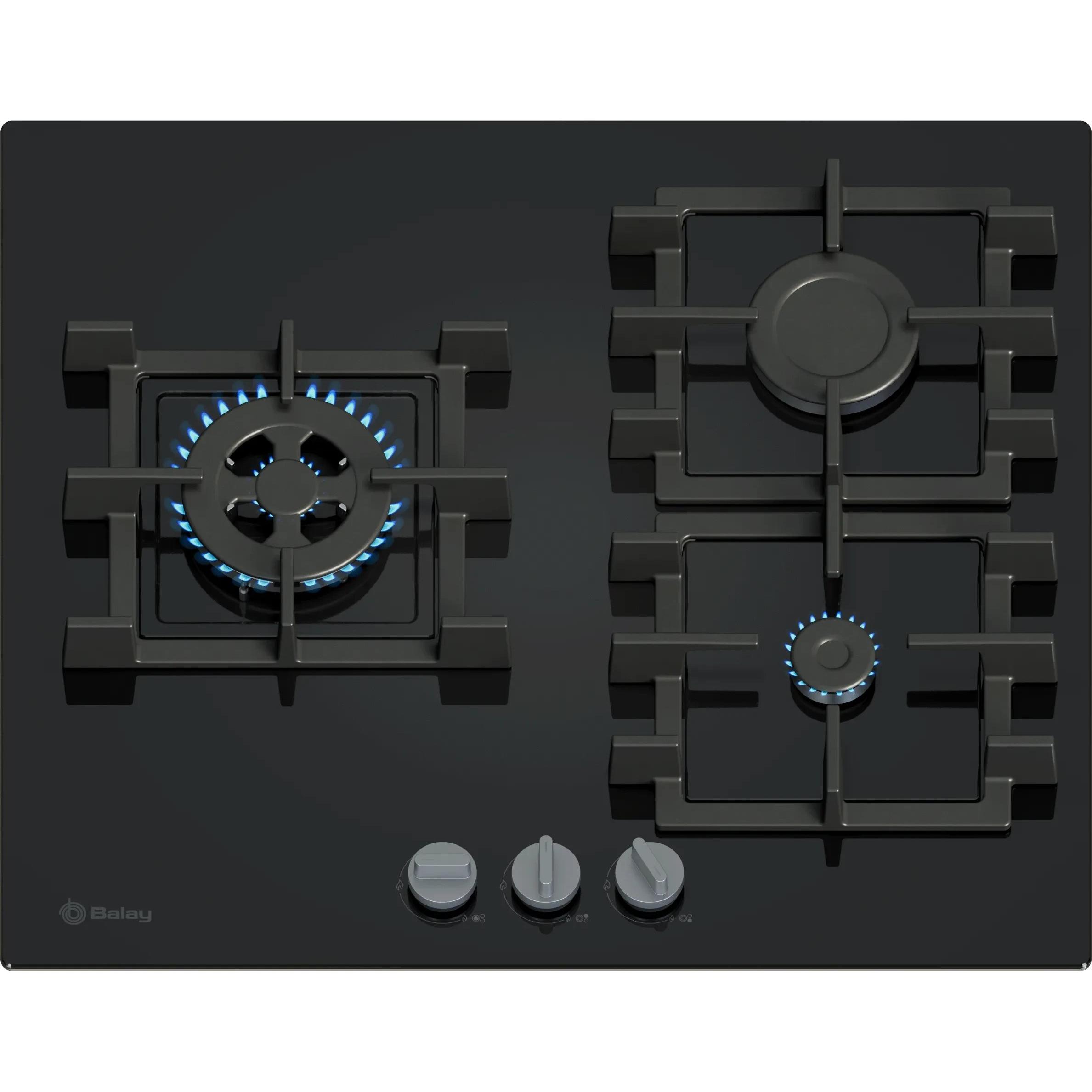 Balay - Placa de gas encastrable 60 cm modelo 3ETG563QB con 3 zonas de cocción, quemador wok 3,3 kW y superficie de cristal templado negro para cocina moderna