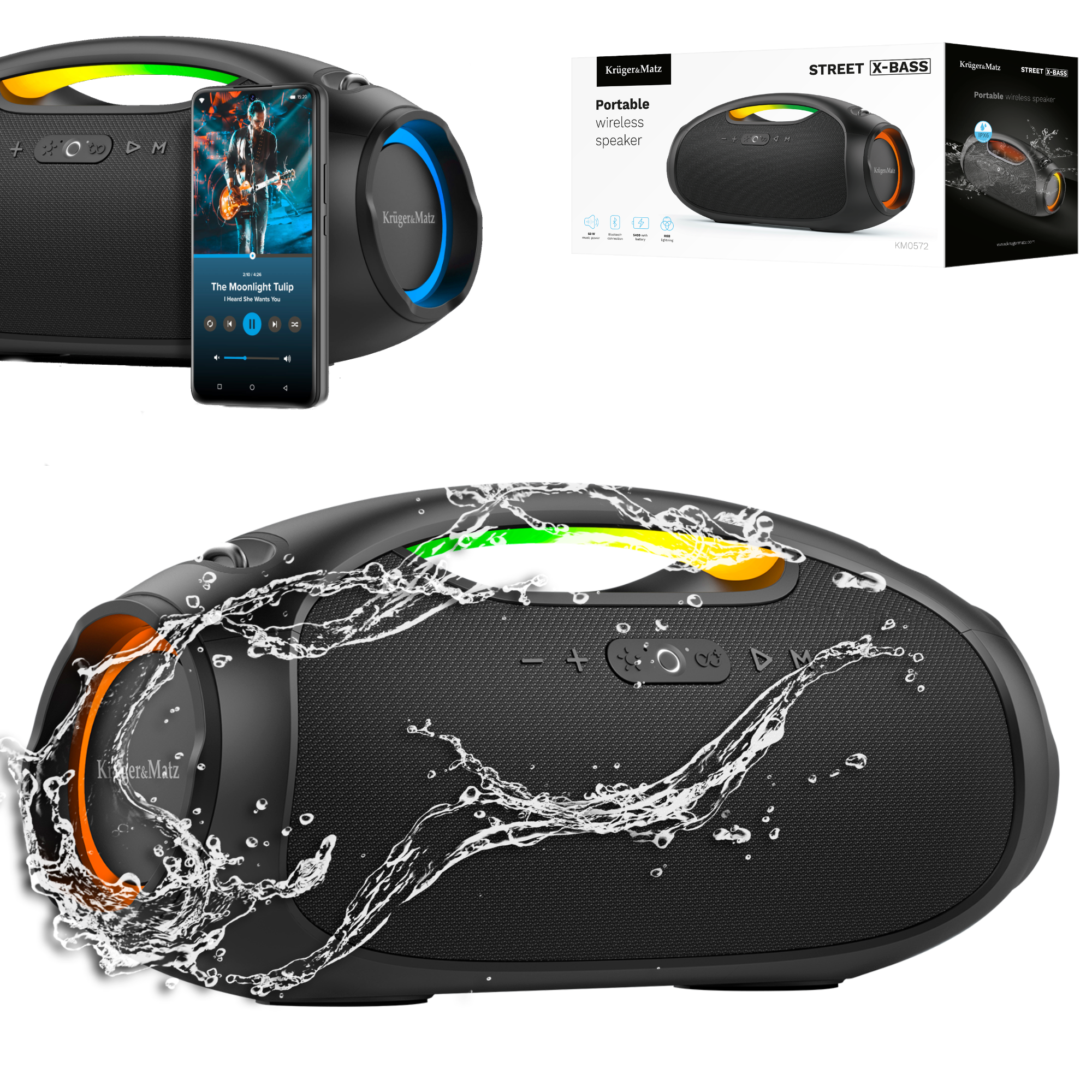 Altavoz Bluetooth portátil impermeable de 60 W con entrada AUX Kruger&Matz Street X-BASS