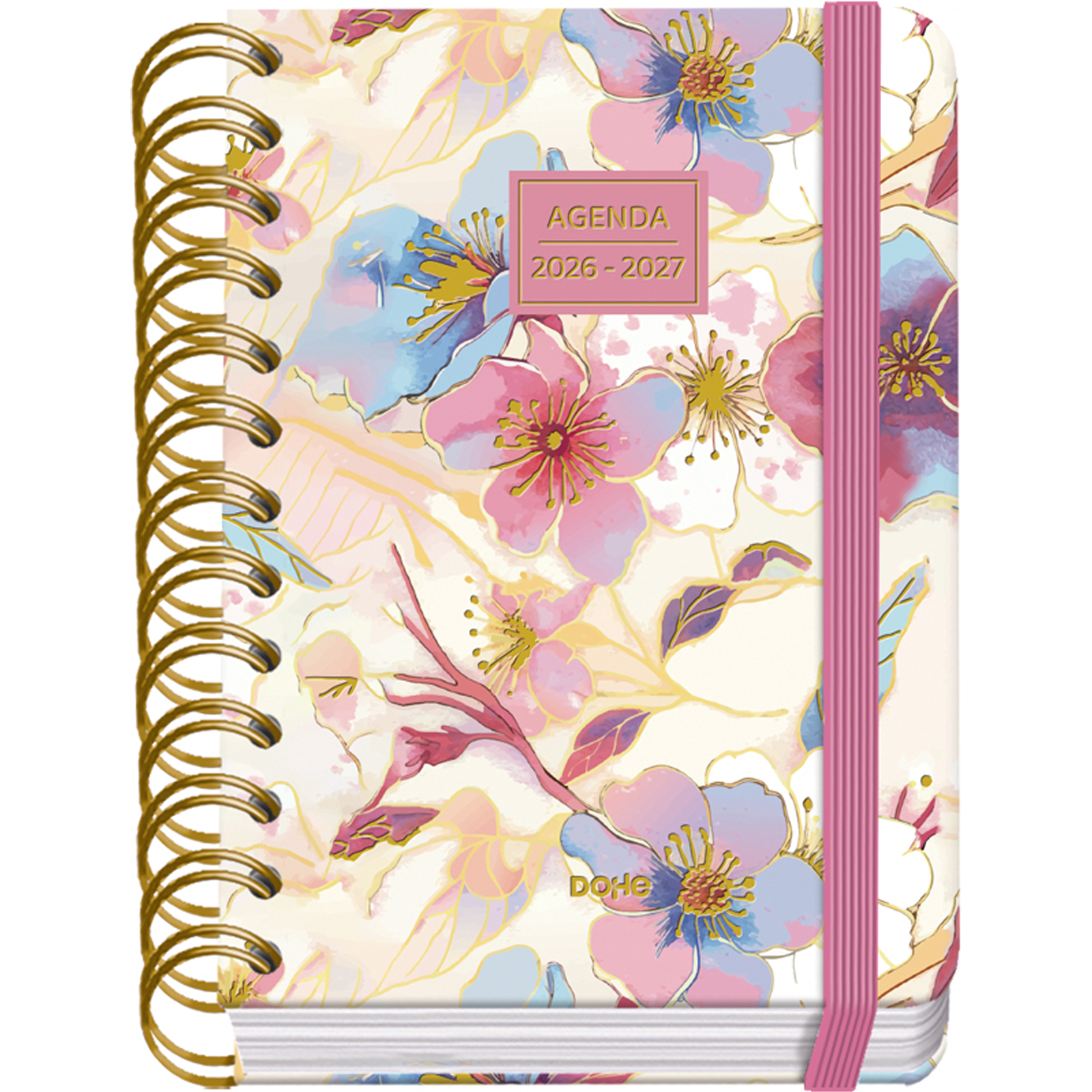 Dohe - Agenda Escolar 2026 2027 - Septiembre a Junio, Día Página, A6 (12x17 cm), Tapa Dura Suave, Espiral Doble, Cierre con Goma Elástica, 2 Páginas de Pegatinas, Español e Inglés