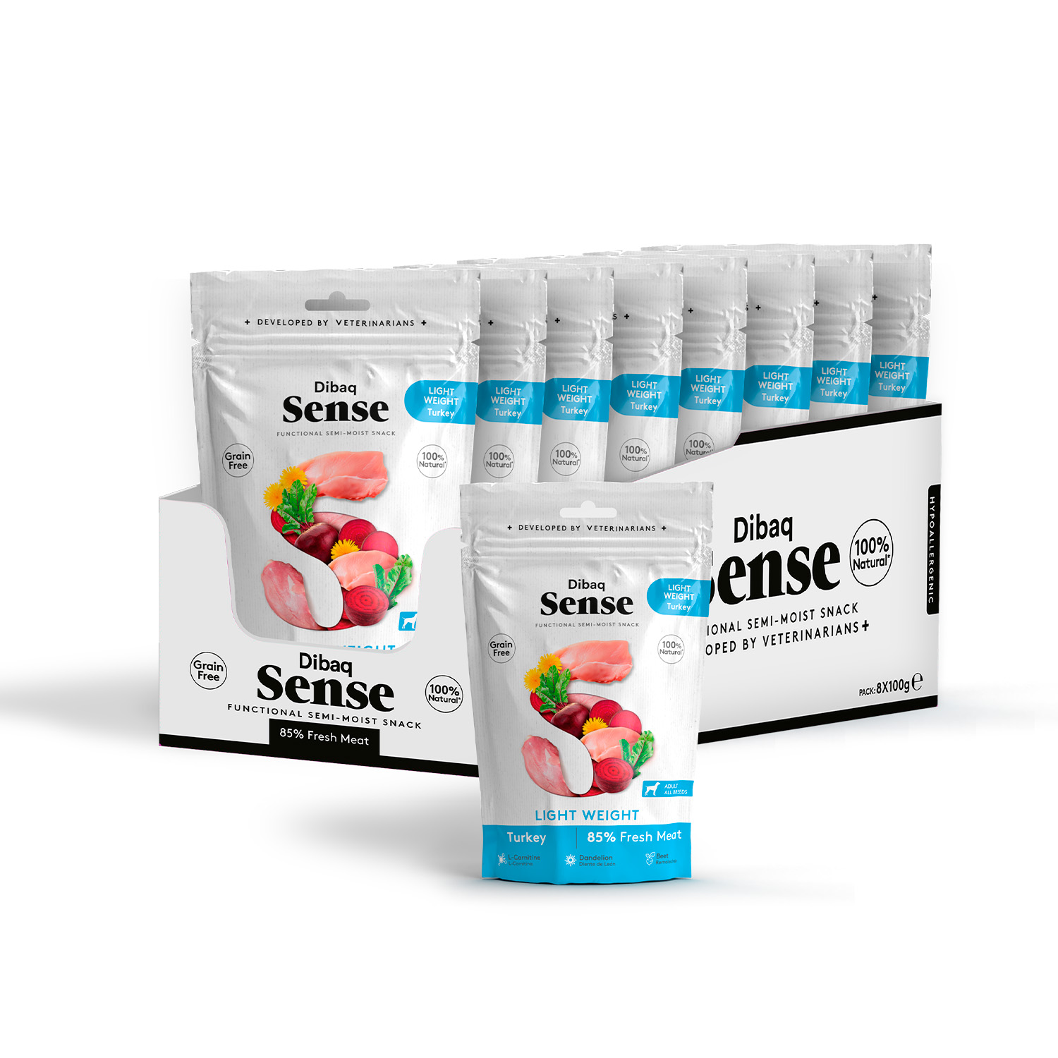 Dibaq Sense Dog, Snack para perros, grain free, light weight, monoproteico, pavo sin cereal, pack 3 uds x 100 gr