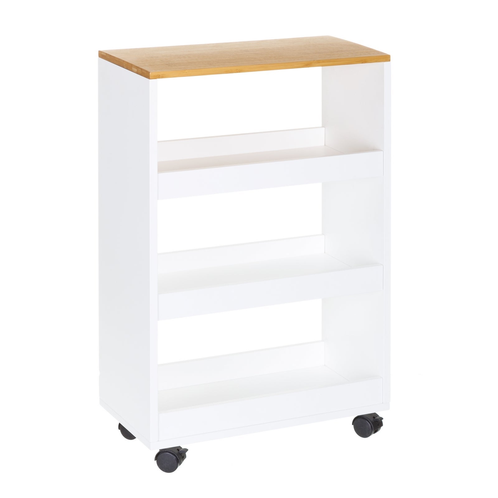 Carro estantería con ruedas en madera blanco y natural de 48x24x77 cm Carrito multiusos con bandejas anticaída, ideal para organizar con movilidad la cocina, el baño u oficina. CasaSelección