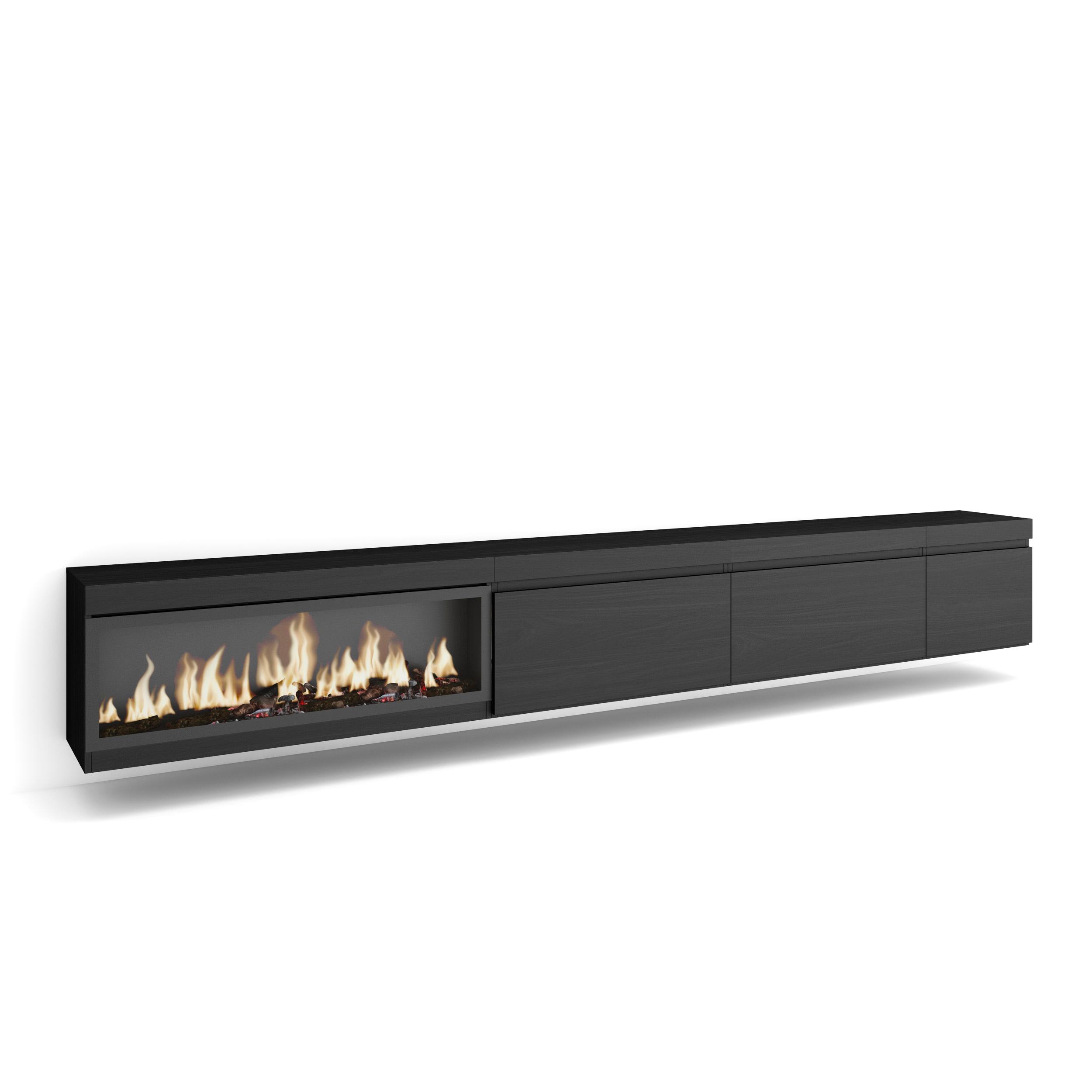 Skraut Home, Mueble TV, Televisión, Muebles de salón, almacenaje, 317x35x45cm, Chimenea eléctrica XXL led efecto fuego 3d, Colgado, color Negro
