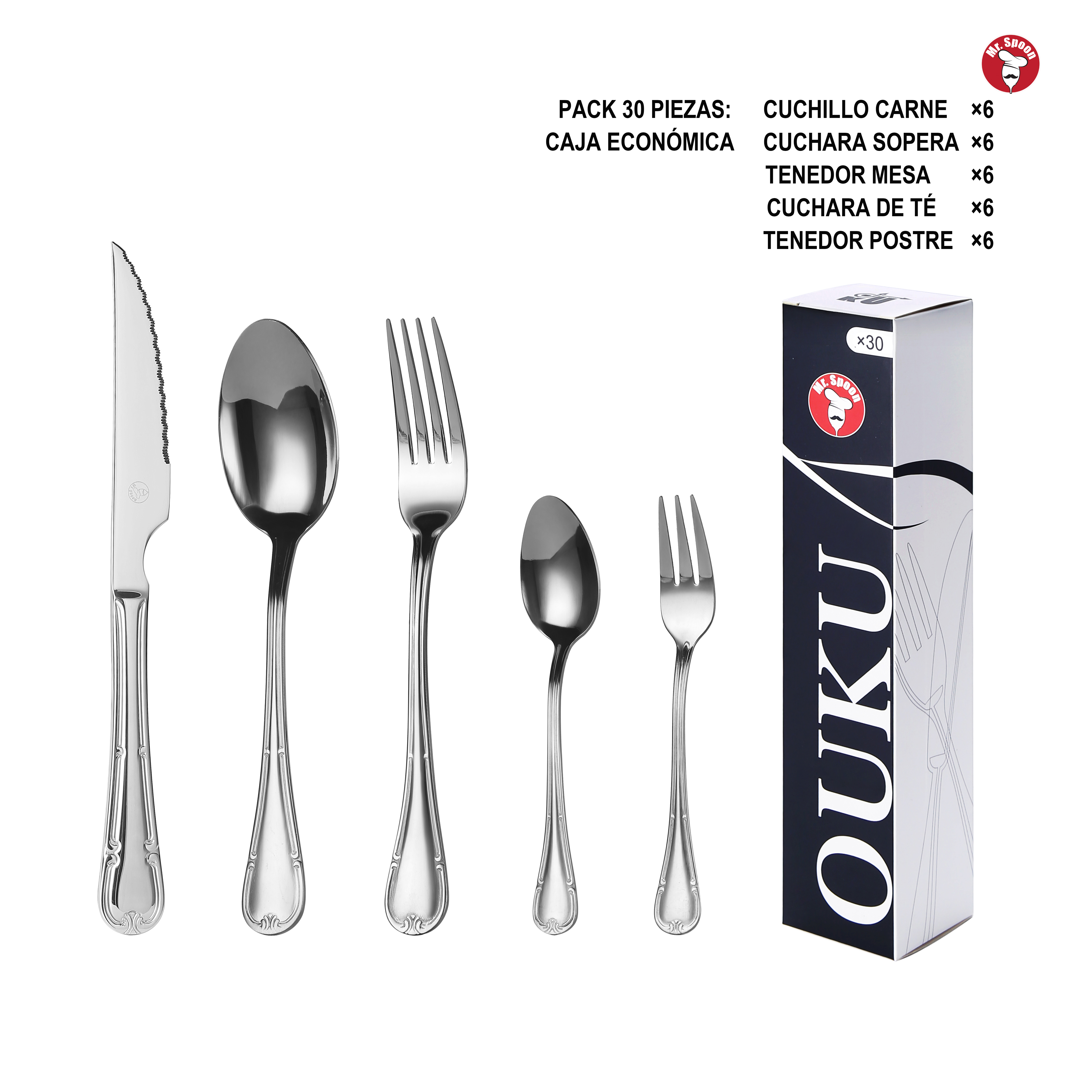 Mr.Spoon Serie Flores Juego 20, 30 o 36 piezas cubiertos,Acero Inoxidable18/0,Plateado,Económico y funcional,Incluye cuchillo carne o mesa,tenedor,cuchara,cucharilla,etc.Mango monobloque,Apto para lavavajillas,Empaque ecológico,Para casa,hotel,restaurante