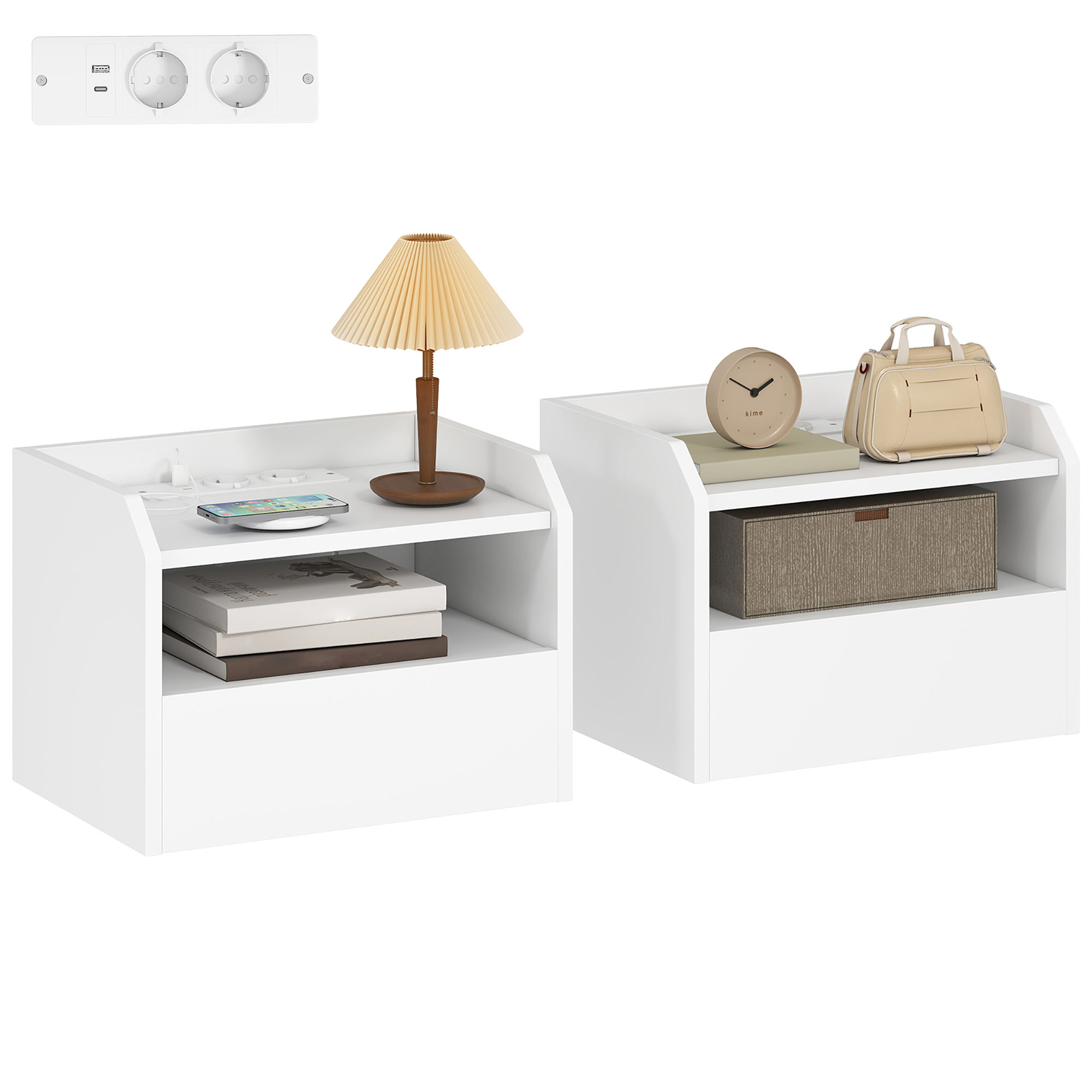 HOMCOM Juego de 2 Mesitas de Noche Flotantes con Estación de Carga, Mesillas de Noche Dormitorio, Cajón, Estante Abierto, Montado en la Pared, Estilo Moderno, para Sala de Estar, 40x29x29 cm, Blanco