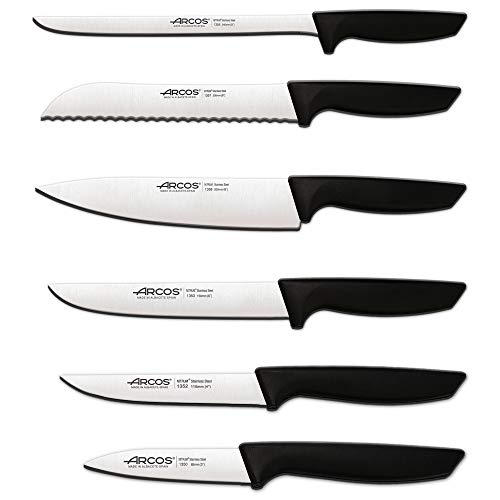 Arcos Juego Cuchillos Cocina Set Cuchillos Cocina Cuchillos Cocina Profesional  6 pzas  Cuchillos Acero Inoxidable Mango Negro  Utensilios de Cocina Serie Niza  Apto lavavajillas  Envase Ecologico