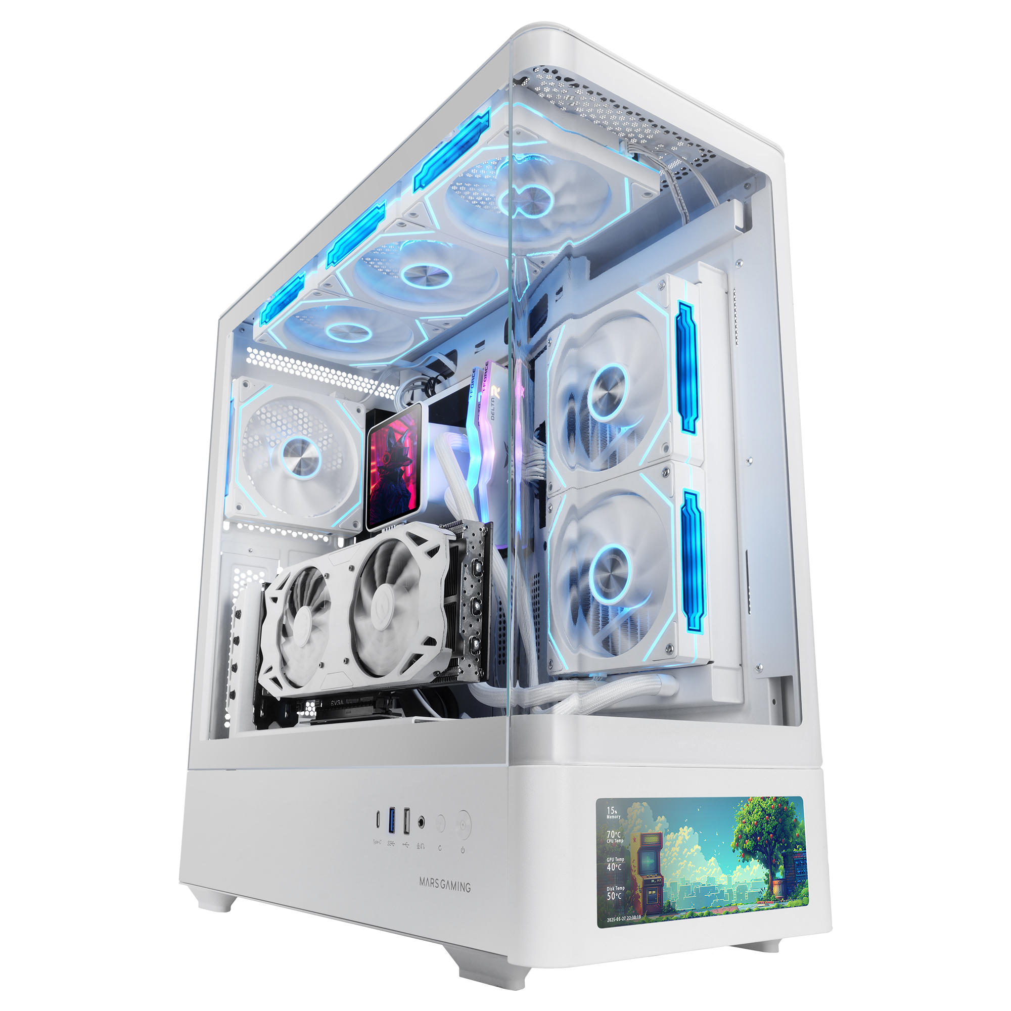Mars Gaming MC-LCDPRO, Caja Gaming ATX, Pantalla LCD IPS 7.2" Personalizable, Cristal Templado Curvado Frontal y Lateral, Estructura de Doble Cámara, Soporte Refrigeración Líquida hasta 360mm, Negro o Blanco