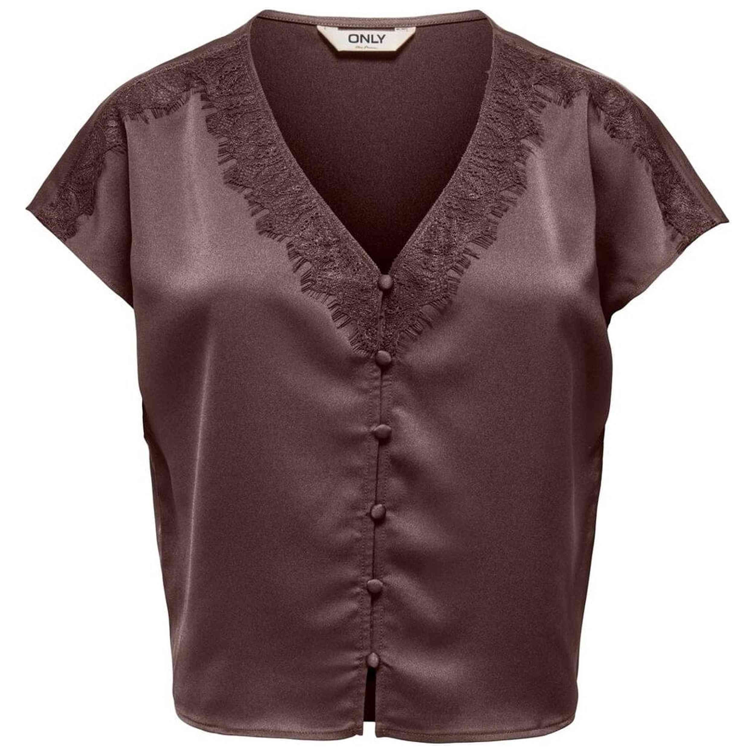 Camisa Only modelo Olfaraya S/L Button Lace Satin Top Wvn en color Marrón