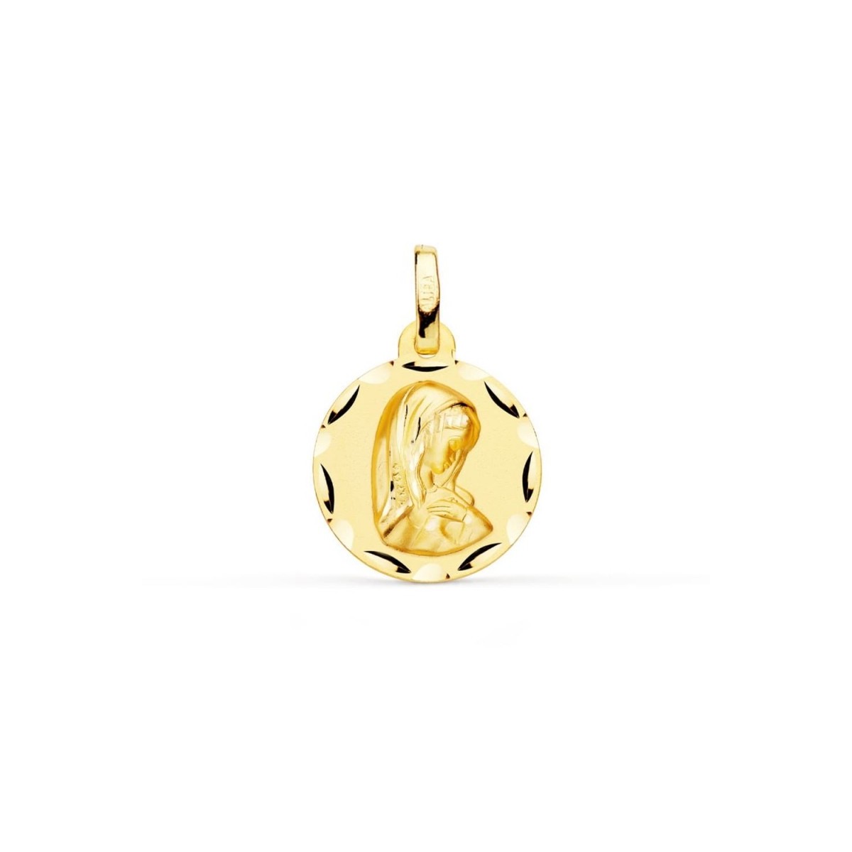 Virgen Niña medalla oro 18k Primera Comunión colgante 14 mm. detalles bisel tallados
