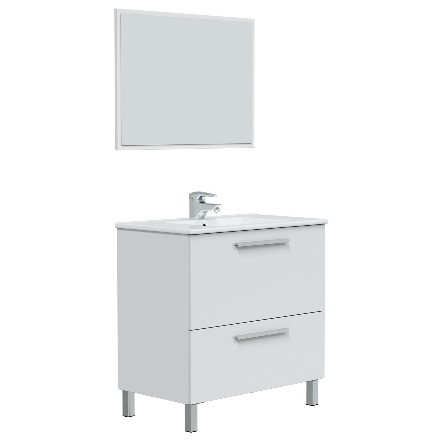 VS Venta-Stock Mueble Baño Luis 80cm Blanco Brillo con Espejo y Lavamanos Cerámica
