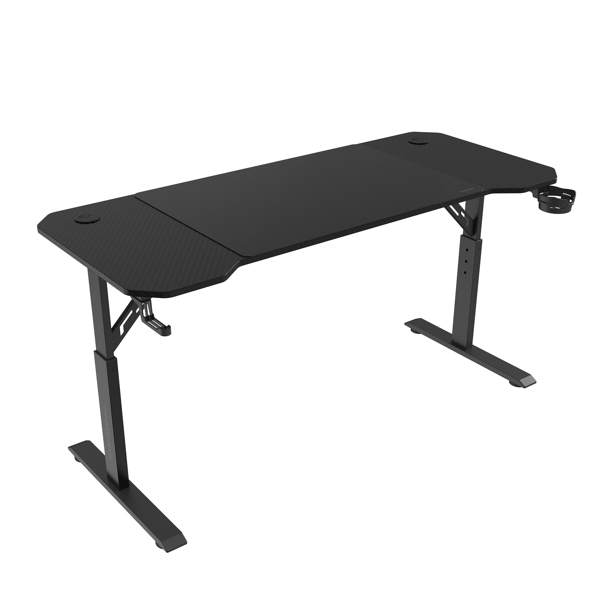 Mars Gaming MGD-ERGO140, Mesa Altura Ajustable 3 Posiciones, Superficie Ergonómica, Estructura Metálica, Alfombrilla XXL, Soporte Auriculares y Bebida, Gestión Cableado, Mesa Gaming 140x60cm, Escritorio Regulable Negro o Blanco