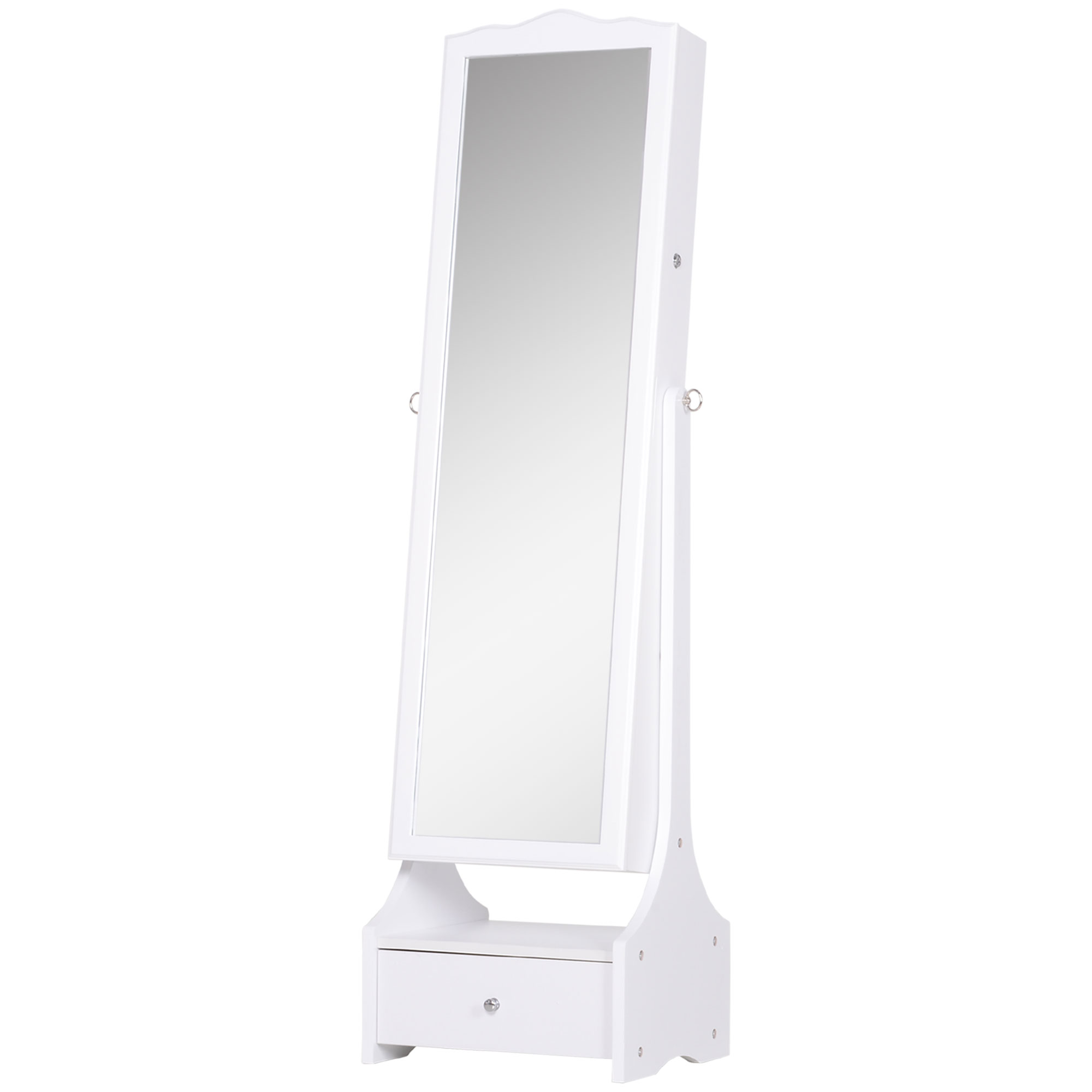 HOMCOM Espejo Joyero con Luces LED, Armario para Joyas, Armario Joyero con Espejo Entero de Ángulo Ajustable, Cajones, Mesa Interior Plegable, Cerradura, Luces Apagado Automático, Blanco y Forro Negro