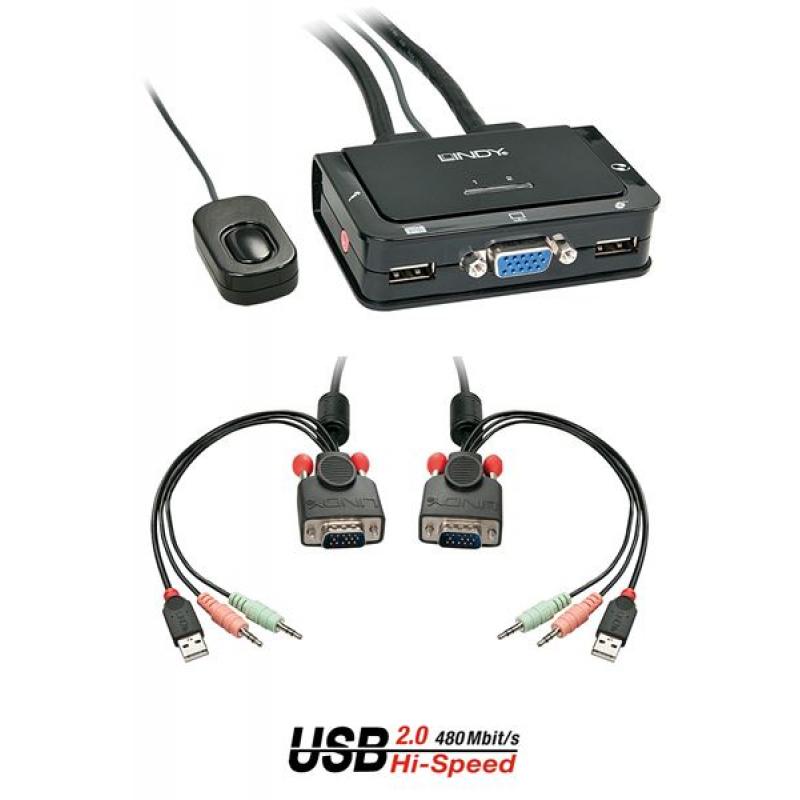 Conmutador KVM, 2 Puertos VGA, USB 2.0 y Audio