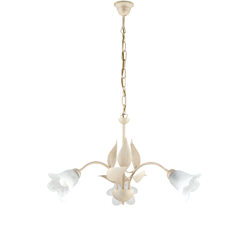 Olga - Lámpara de araña marfil con cristal alabastro y acabado oro antiguo, 3 luces Ø60 cm - Belight