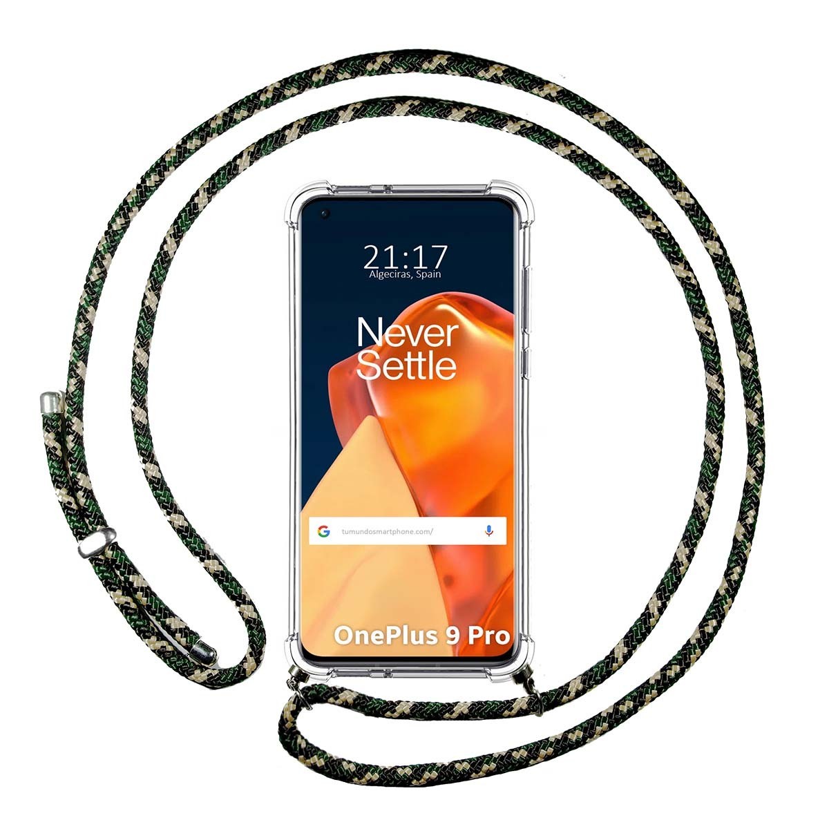Tumundosmartphone Funda Colgante Transparente para OnePlus 9 Pro 5G con Cordon Verde / Dorado