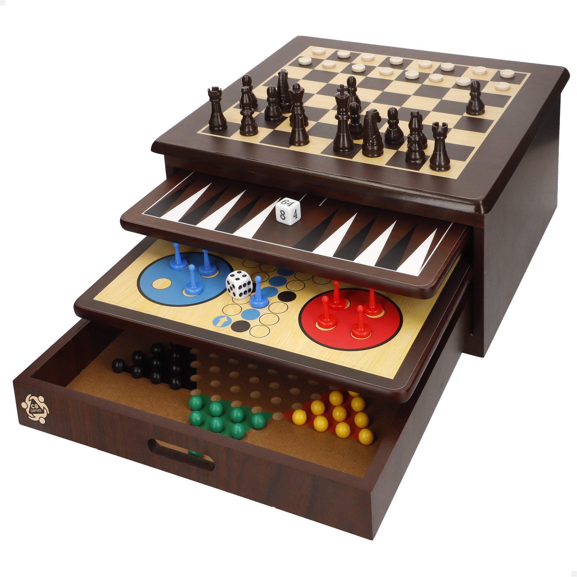 COLORBABY - Set 10 juegos de mesa_ +180 piezas_ ajedrez para niños_ damas_ mancala_ backgammon_ 3 en raya_ serpientes y escaleras_ damas chinas_ parchís infantil_ solitario_ competición de dados_ Caja almacenaje madera 32x32x15 cm_ +2 jugadores_ +5 años