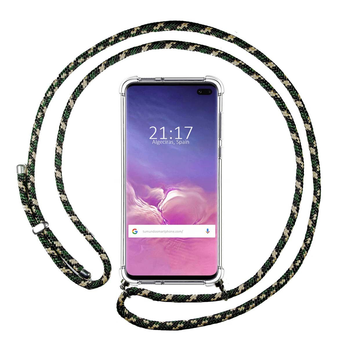 Tumundosmartphone Funda Colgante Transparente para Samsung Galaxy S10 Plus con Cordon Verde / Dorado