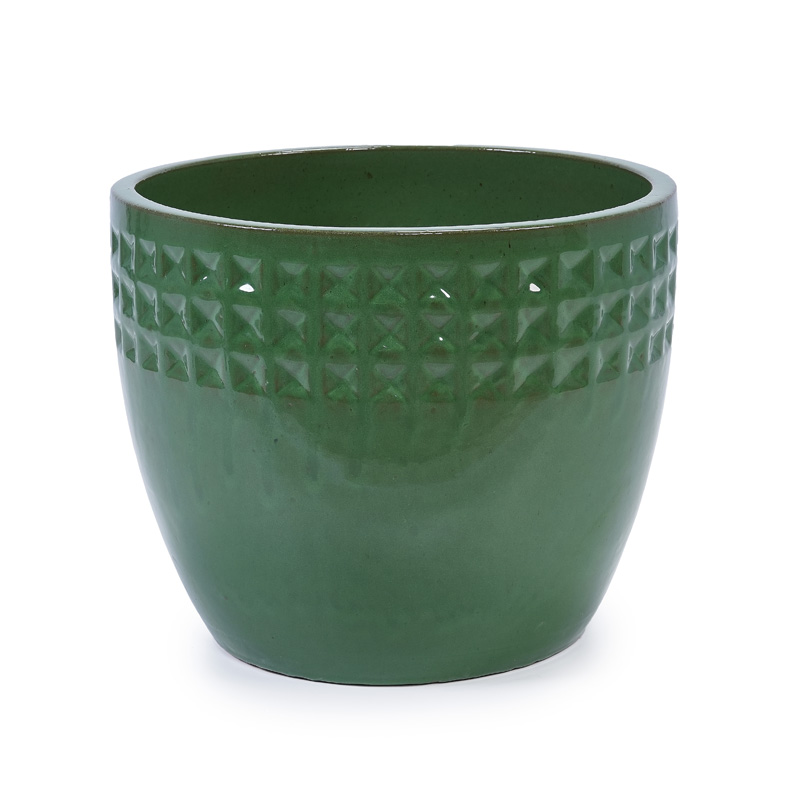 Lot de 3 pots de fleurs en céramique vert antique avec motif losange et trous de drainage