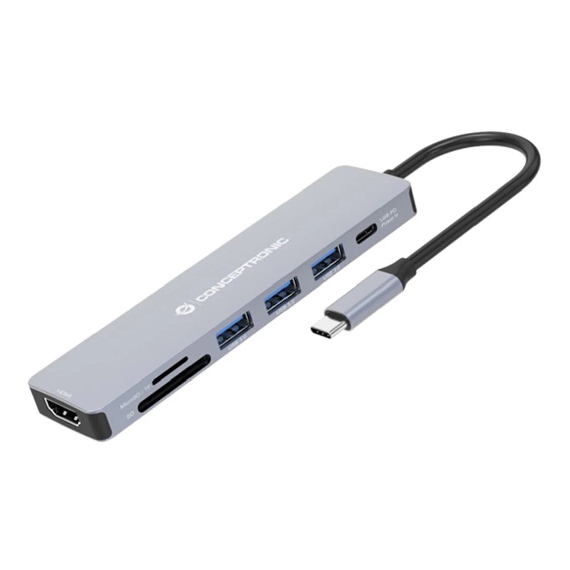 Conceptronic - Hub USB-C DONN19G con 4 puertos USB 3.2 Gen 1 (3x A + 1x C), HDMI 1.4 4K, lector SD/microSD y carga USB PD hasta 100 W, gris compacto de 124,6 x 31,5 x 11 mm y 79 g para portátiles y tablets