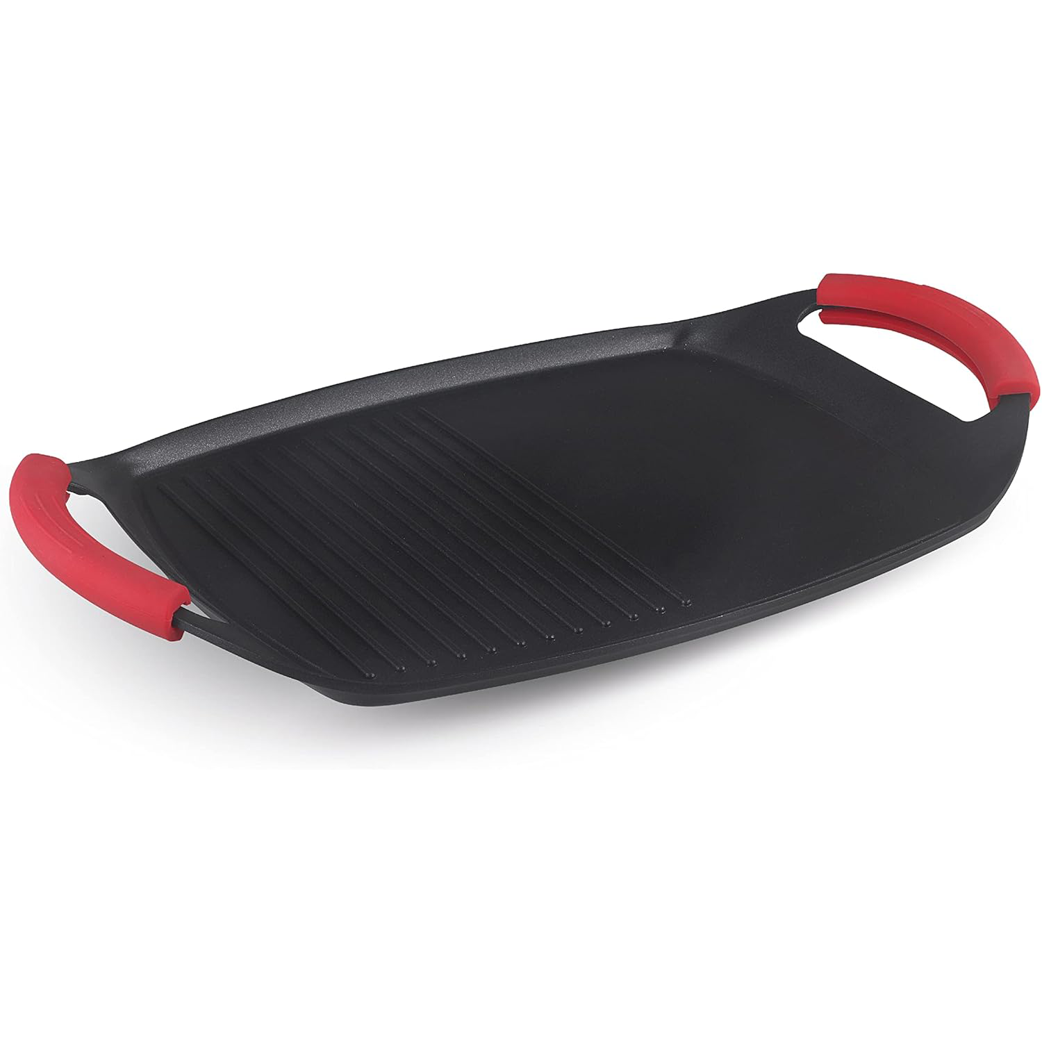 Sartén de Aluminio Fundido a Presión con Revestimiento Antiadherente, Plancha Grill Fácil de Limpiar, Asas de Silicona que Aíslan el Calor, Compatible con Fuegos Eléctricos, Halógenos, Gas, Inducción y Vitrocerámica, 47 x 28.5 x 1.5 cm