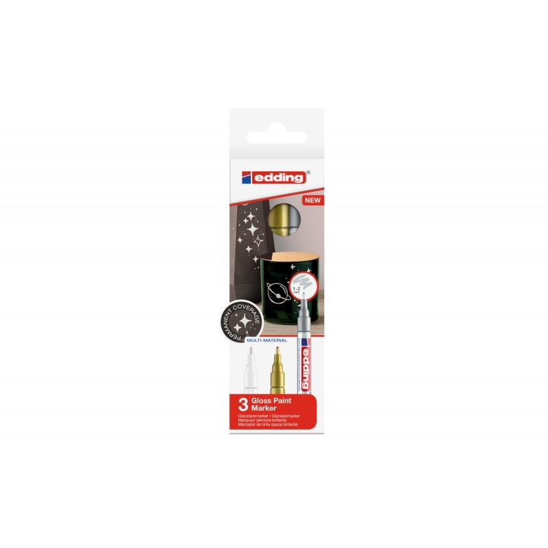 Edding - 751 marcador permanente Punta fina Oro, Plata, Blanco 3 pieza(s) 4201