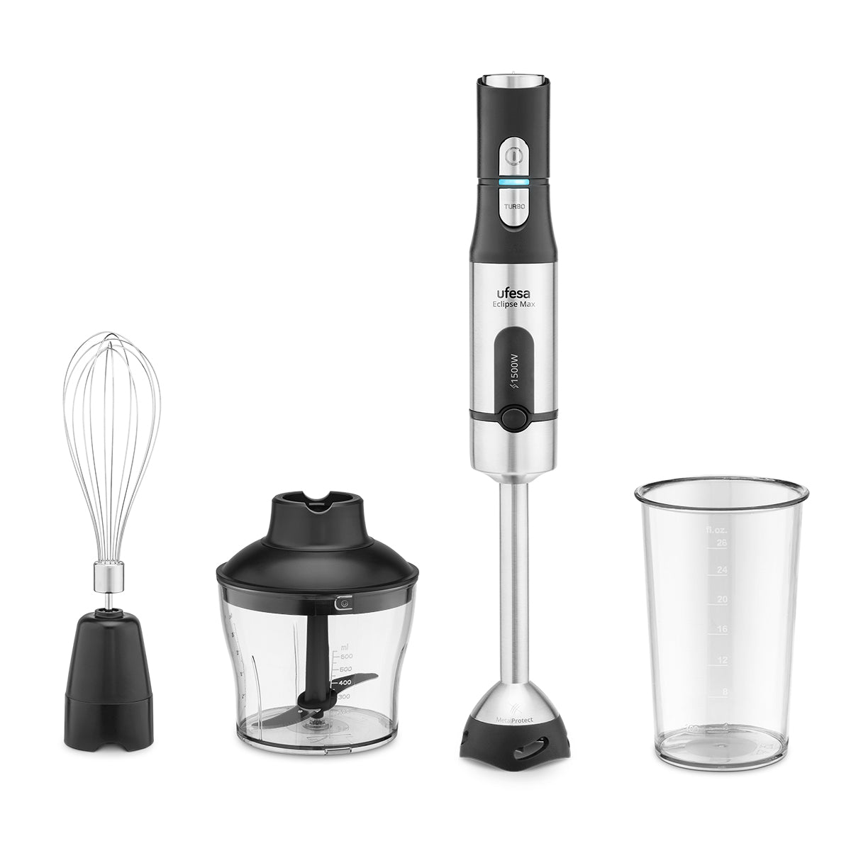 Ufesa - Batidora de mano Eclipse Max 1500W con 4 cuchillas de alta eficiencia, función turbo y control de velocidad variable para preparación profesional de salsas, batidos y emulsiones en cocina