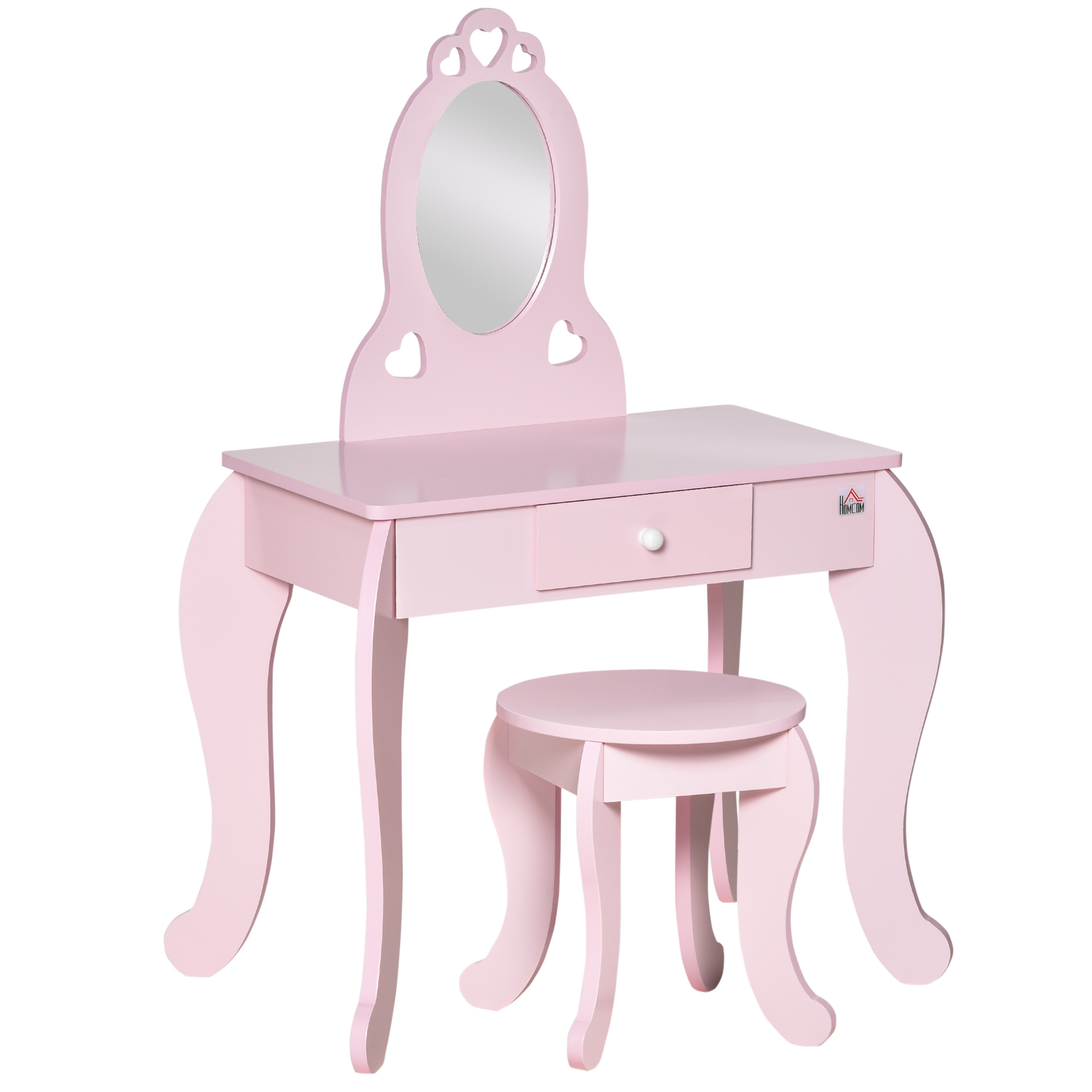 HOMCOM Tocador Infantil de Madera para Niñas de 3-6 Años con Taburete y Espejo Tipo Princesa Mesa de Maquillaje para Niñas con Cajón para Dormitorio 60x36x88 cm Rosa