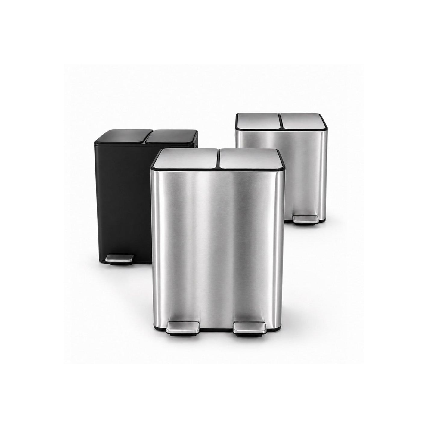Cubo reciclaje doble pedal | Acero Inoxidable y Negro Mate | Cubo de Basura Doble Compartimento | Para Cocina y Exterior