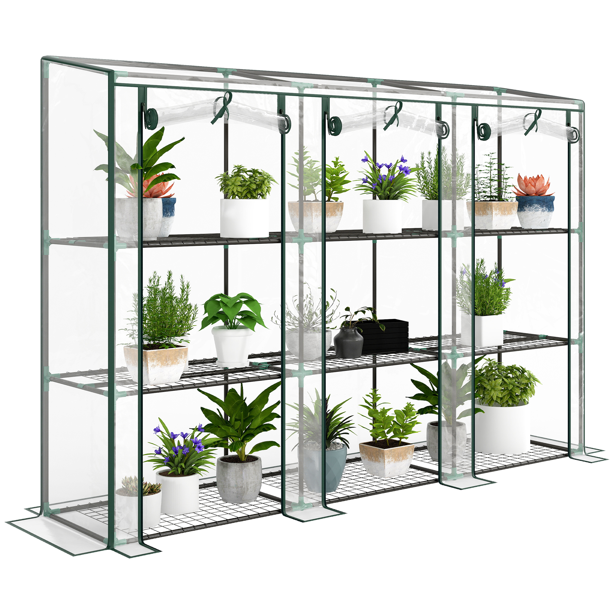 Outsunny Invernadero de Exterior de 3 Niveles Invernadero de Jardín con 9 Estantes Puerta Enrollable con Cremallera Marco de Acero Cubierta de PE 140g/m² Anti-UV para Terraza 215x46x151cm Transparente