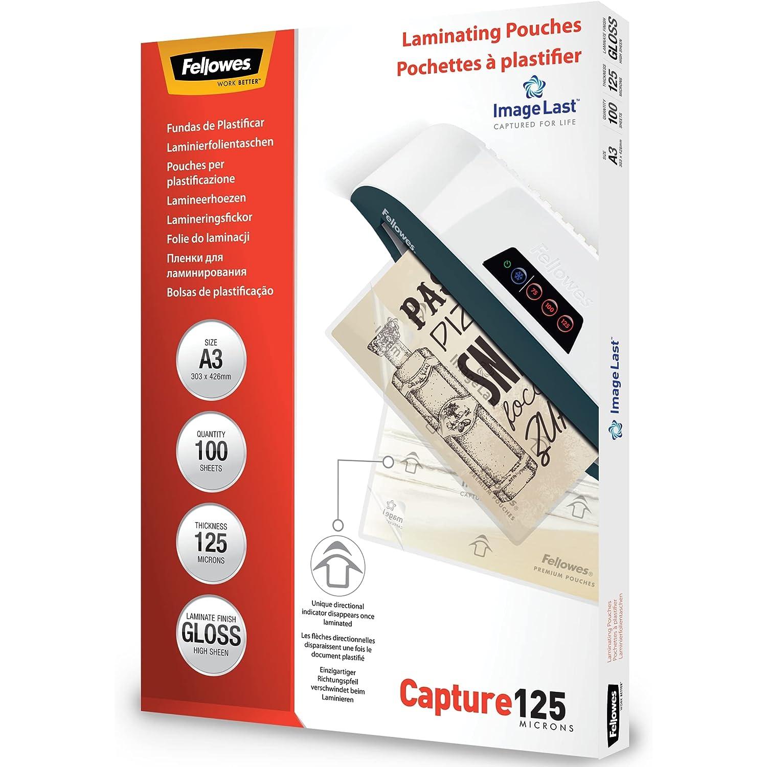 Fellowes Fundas para Plastificar A3 125 Micras Grosor 100 Unidades Transparentes Pack Bolsas para Plastificar Documentos - Acabado Brillo - 5307506