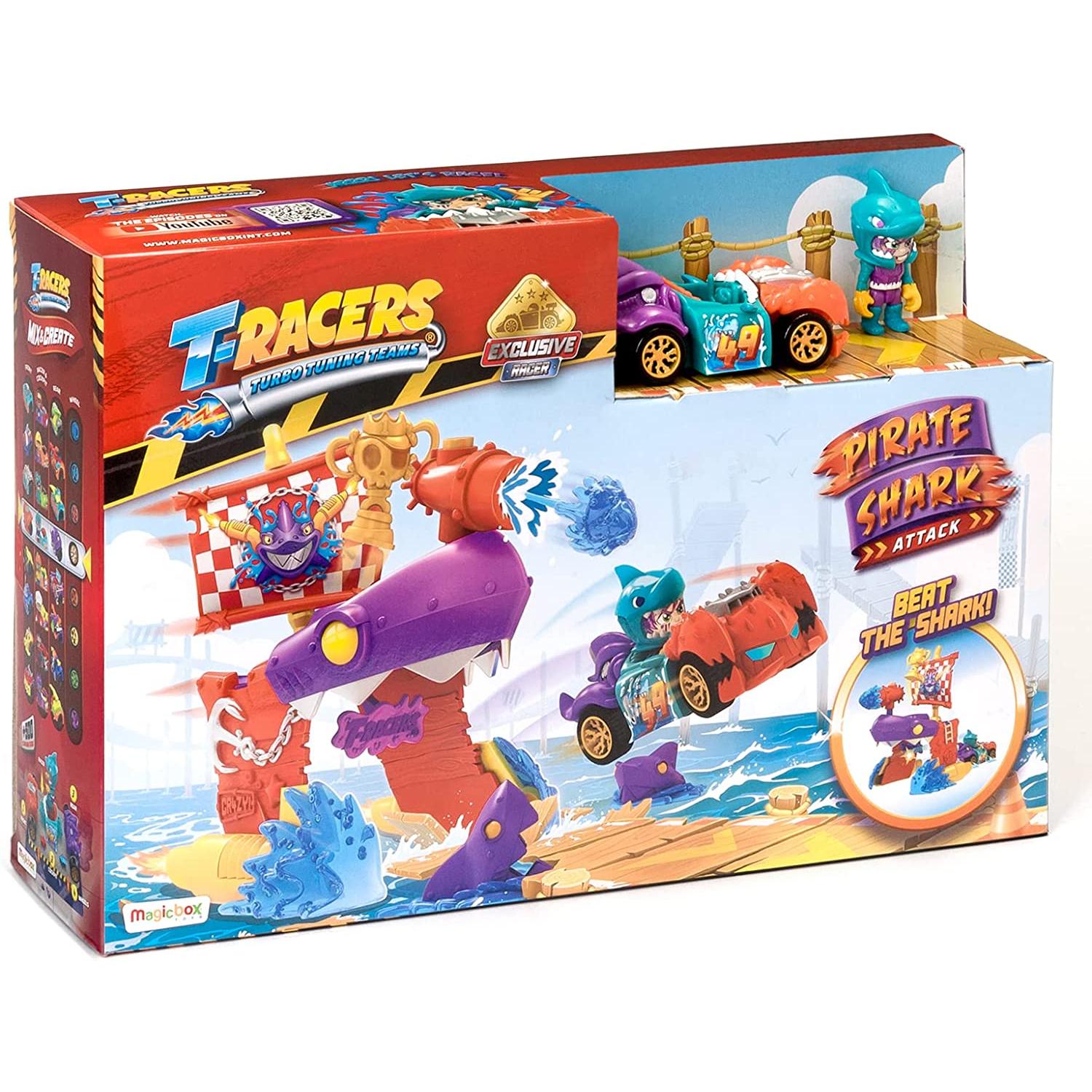 Tracer T-RACERS Pirate Shark - Barco Pirata con Piloto y Coche de Carrera Exclusivo
