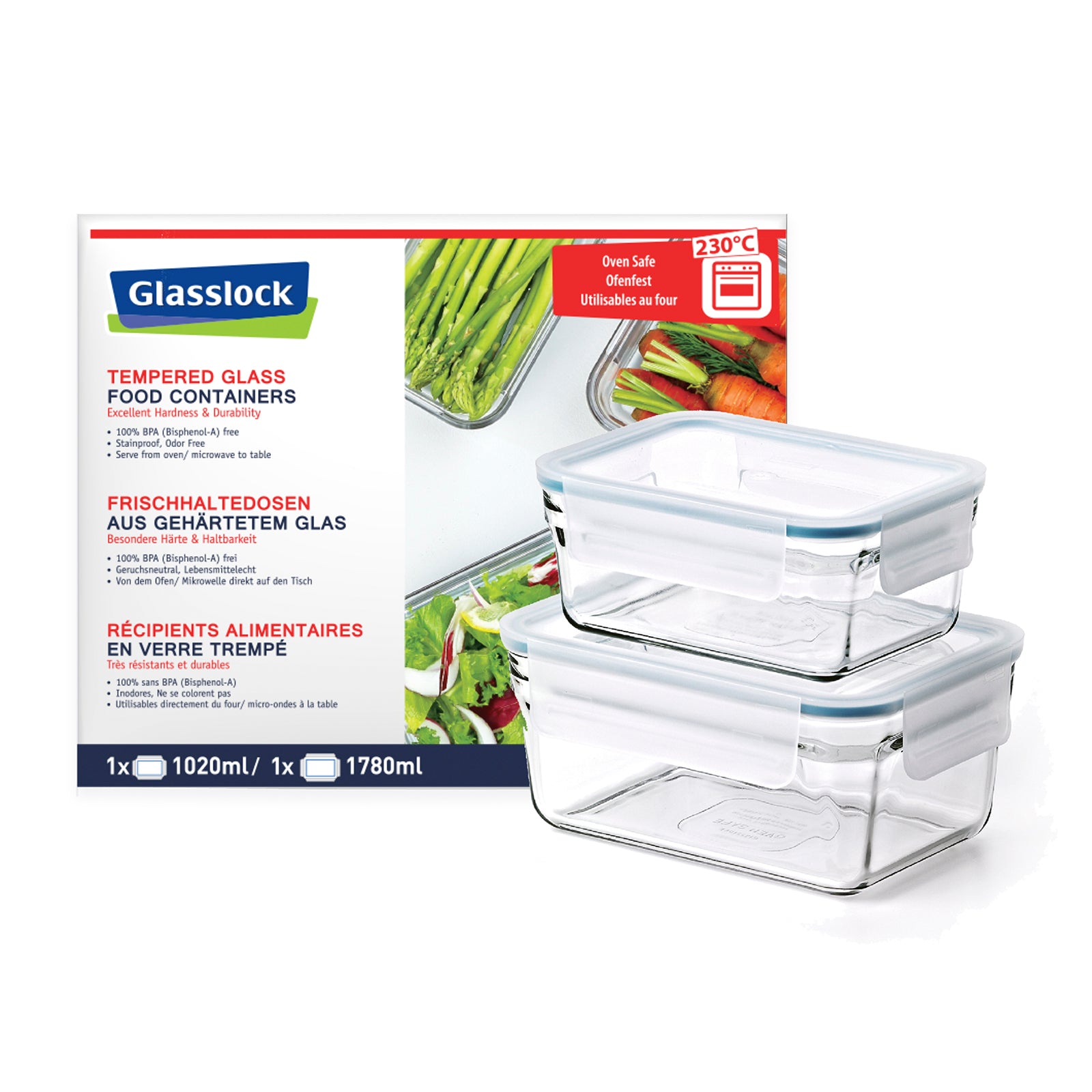 Glasslock Oven Safe - Lote de 2 Recipientes Rectangulares de 1L y 1.8L en Vidrio Templado Aptos Horno