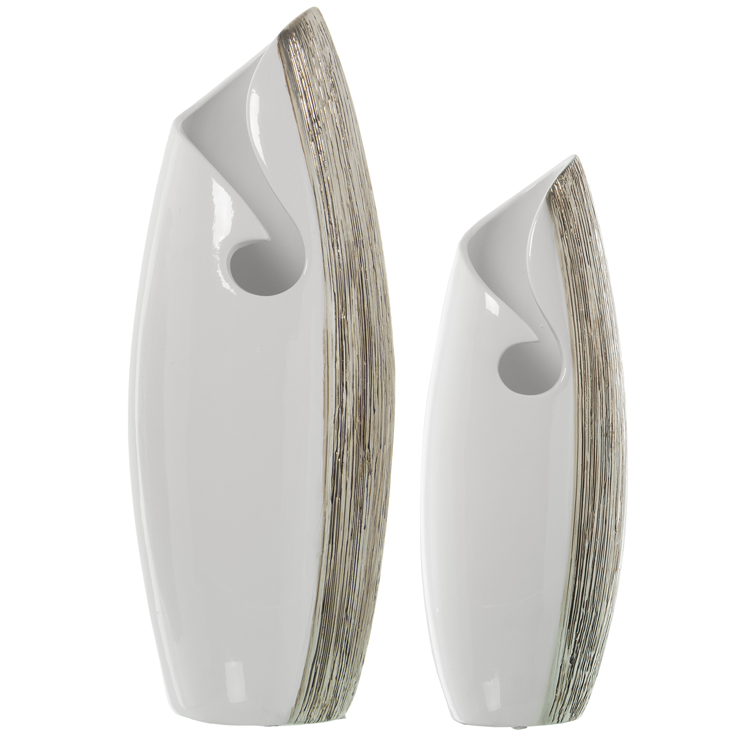 Set 2 jarrones ceramica blanco, plateado 19x15x50 y 15x12x40cm