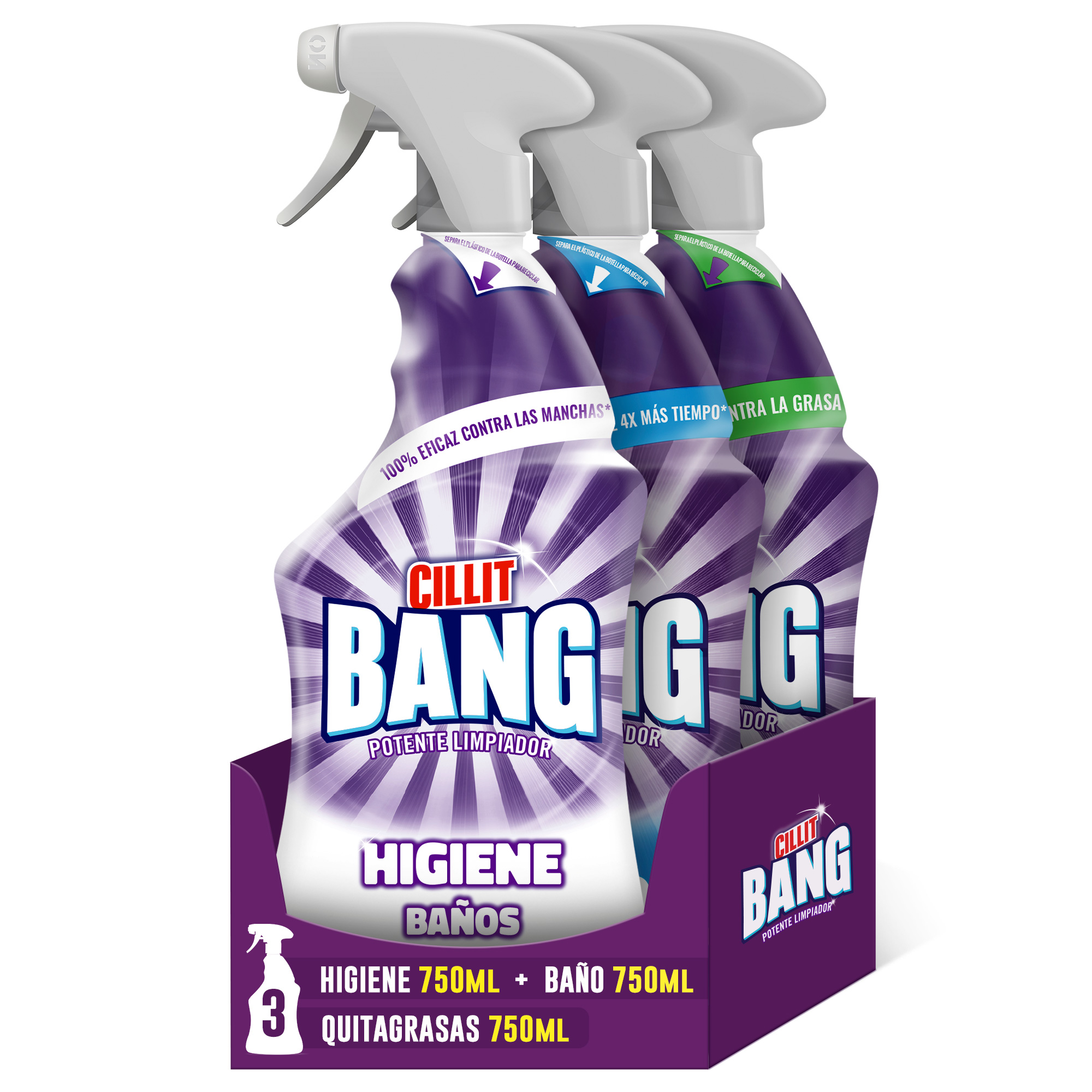 Cillit Bang - Spray Limpiador Suciedad y humedad, manchas negras para Baño,  3 sprays de 1L