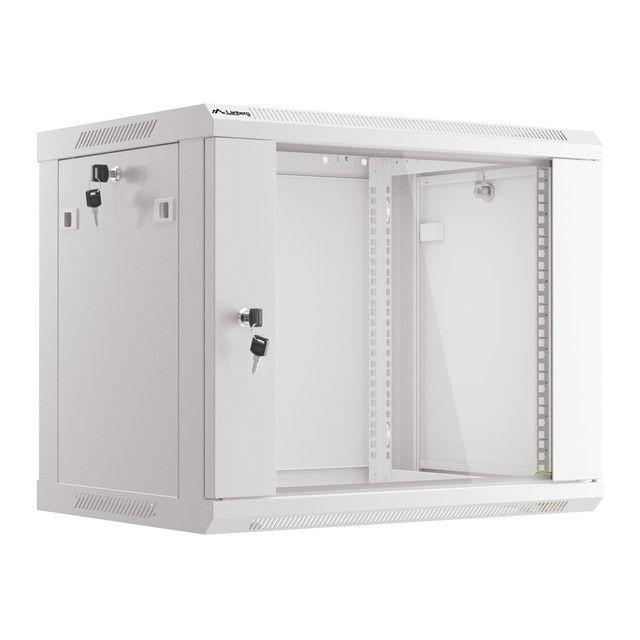 Lanberg - Armario Rack Mural AR03423028 de acero con capacidad 9U y soporte hasta 60 kg, puerta de vidrio templado y ventilación integrada para instalación segura en pared